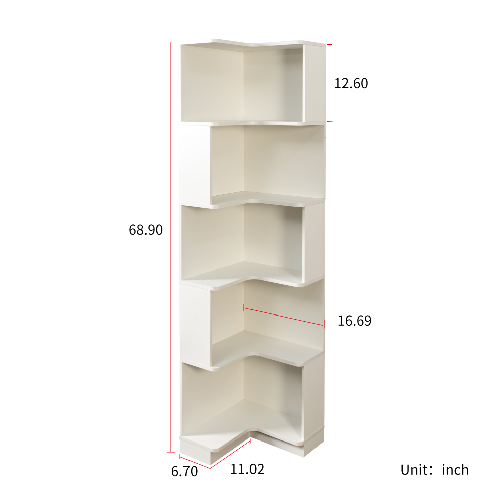 Corner Book Shelf - 5 Tier Corner Bookshelf Bookcase with Baffle, Freestanding L Shaped Display Shelf Stand with led lights for Home Office, Living Room, Bedroom, Kitchen