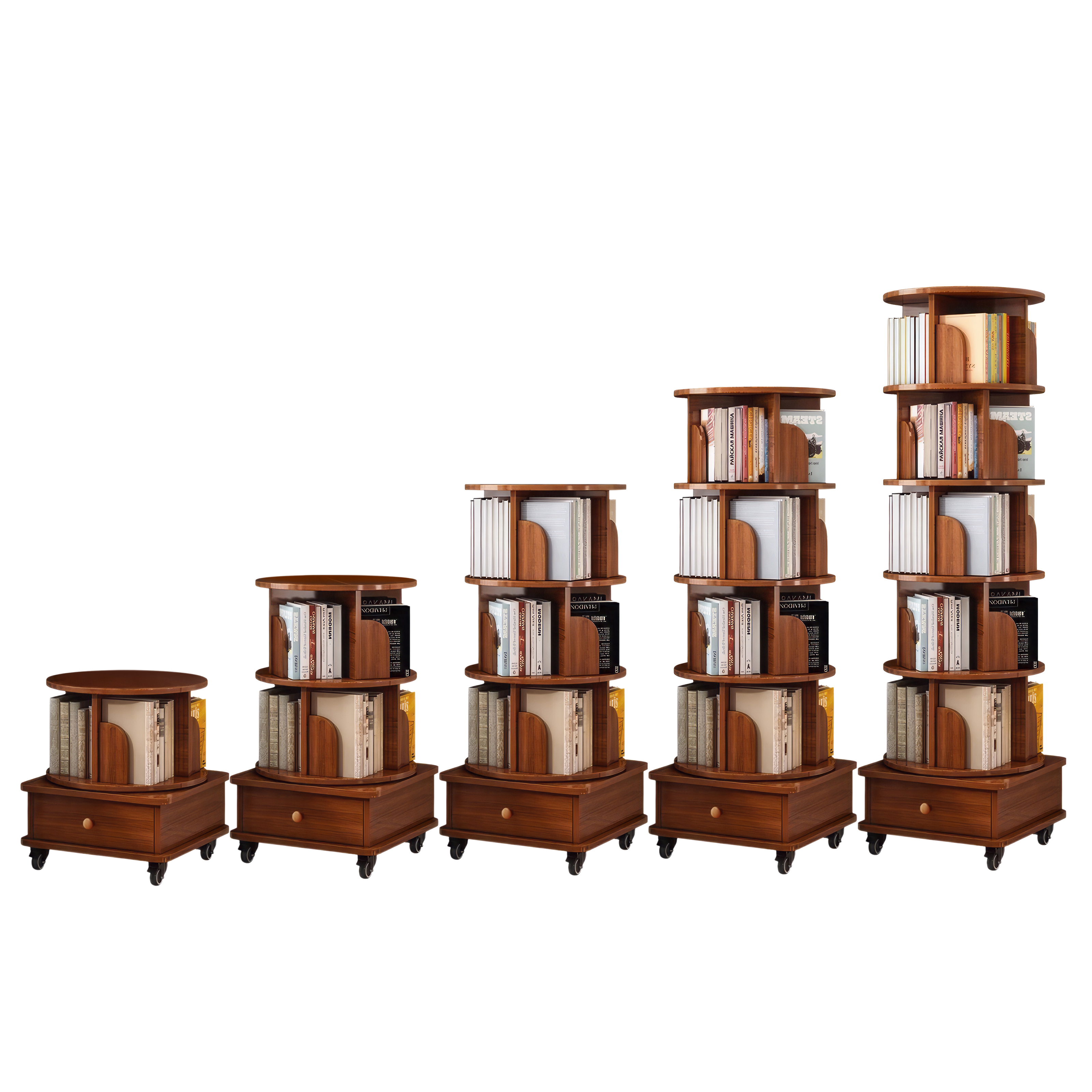 Rotating Bookshelf with Drawer, 360 Display 5 Tier Corner Bookshelf for Small Space, Floor Standing Bookcase Storage Rack, Wood Narrow Organizer for Bedroom, Living Room (WALNUT)