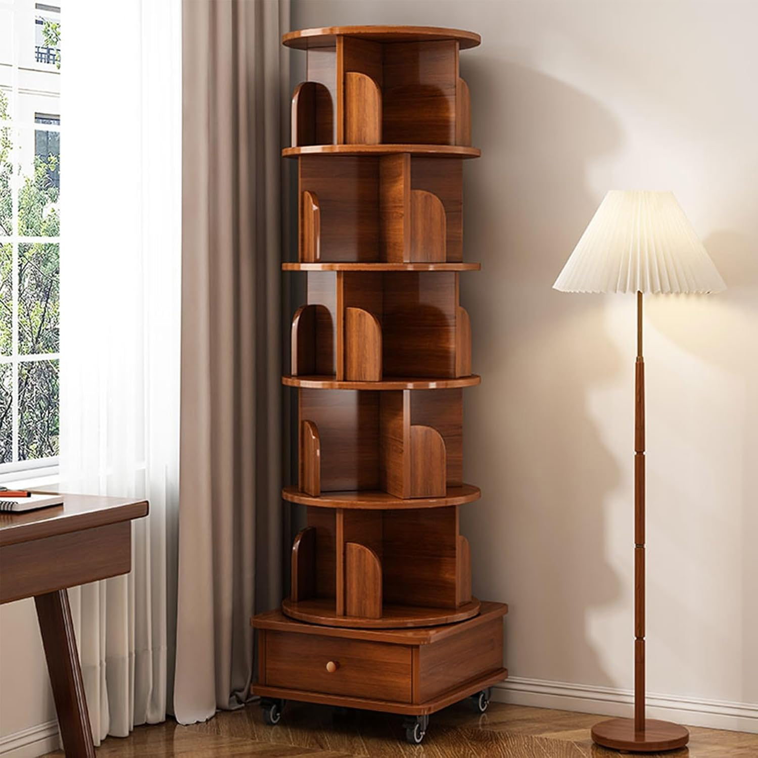 Rotating Bookshelf with Drawer, 360 Display 5 Tier Corner Bookshelf for Small Space, Floor Standing Bookcase Storage Rack, Wood Narrow Organizer for Bedroom, Living Room (WALNUT)