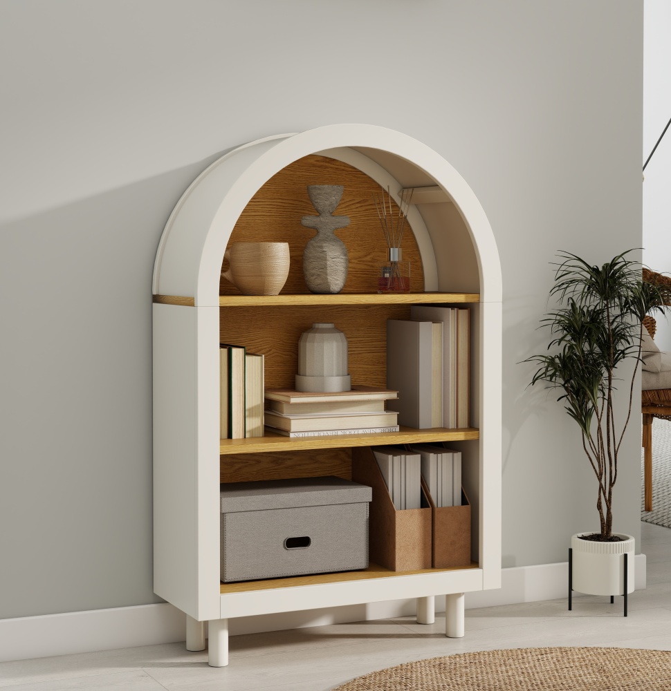 Arched Small Bookcase,Arched Storage Cabinet,Wooden Modern Arched Top Bookshelf with 3 Shelves,White with Woodgrain Shelves, 3-Tier Storage Shelf for Living Room, Bedroom, Entryway