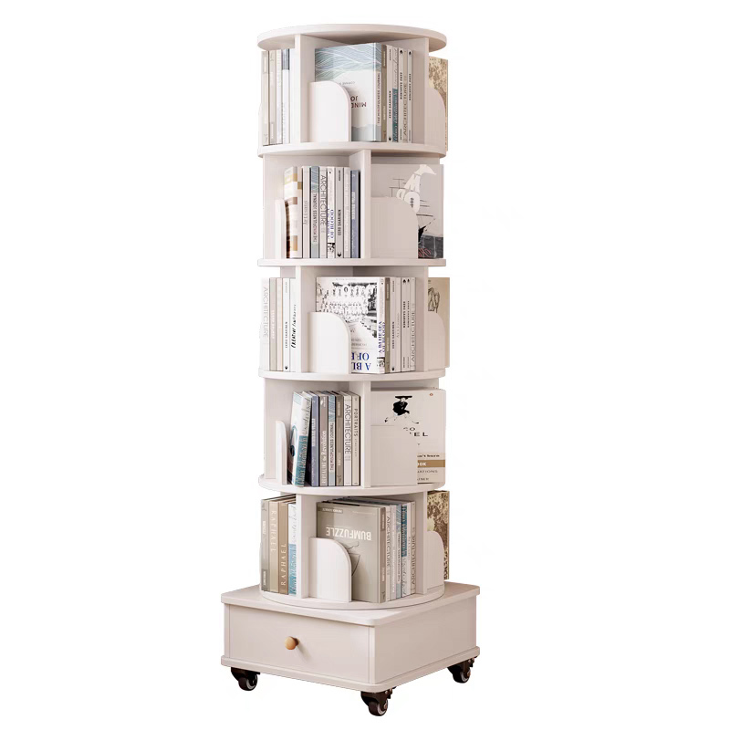 Rotating Bookshelf with Drawer, 360 Display 5 Tier Corner Bookshelf for Small Space, Floor Standing Bookcase Storage Rack, Wood Narrow Organizer for Bedroom, Living Room (WALNUT)