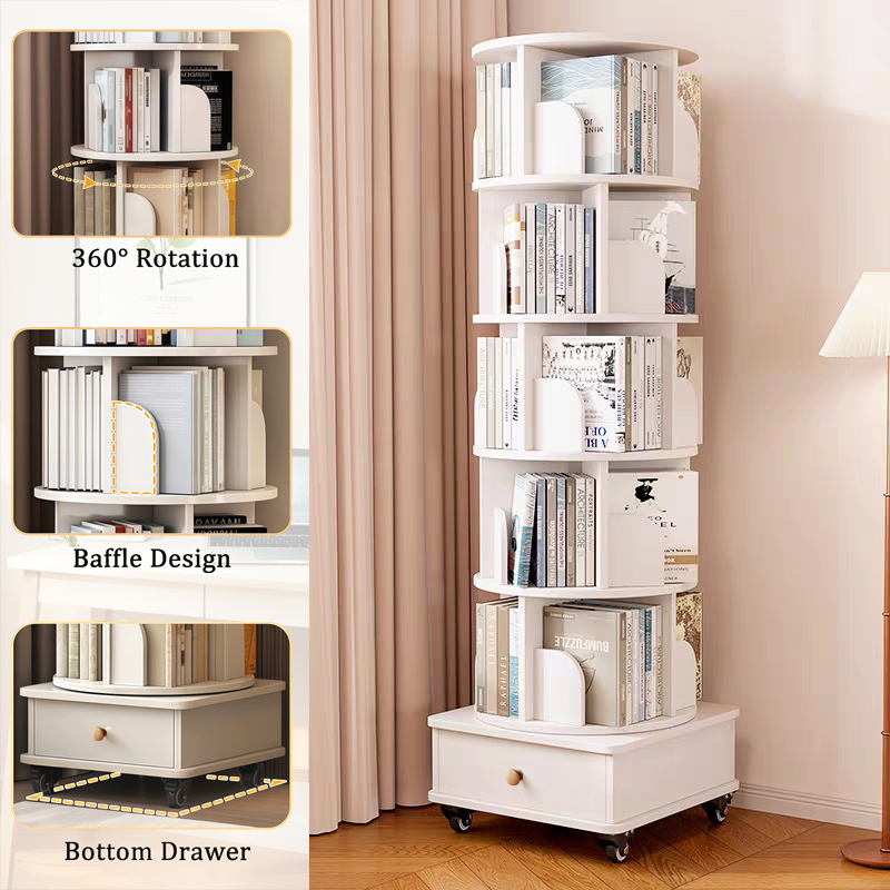 Rotating Bookshelf with Drawer, 360 Display 5 Tier Corner Bookshelf for Small Space, Floor Standing Bookcase Storage Rack, Wood Narrow Organizer for Bedroom, Living Room (WALNUT)