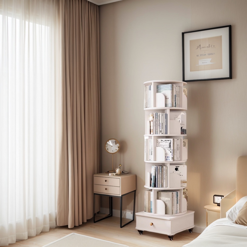 Rotating Bookshelf with Drawer, 360 Display 5 Tier Corner Bookshelf for Small Space, Floor Standing Bookcase Storage Rack, Wood Narrow Organizer for Bedroom, Living Room (WALNUT)