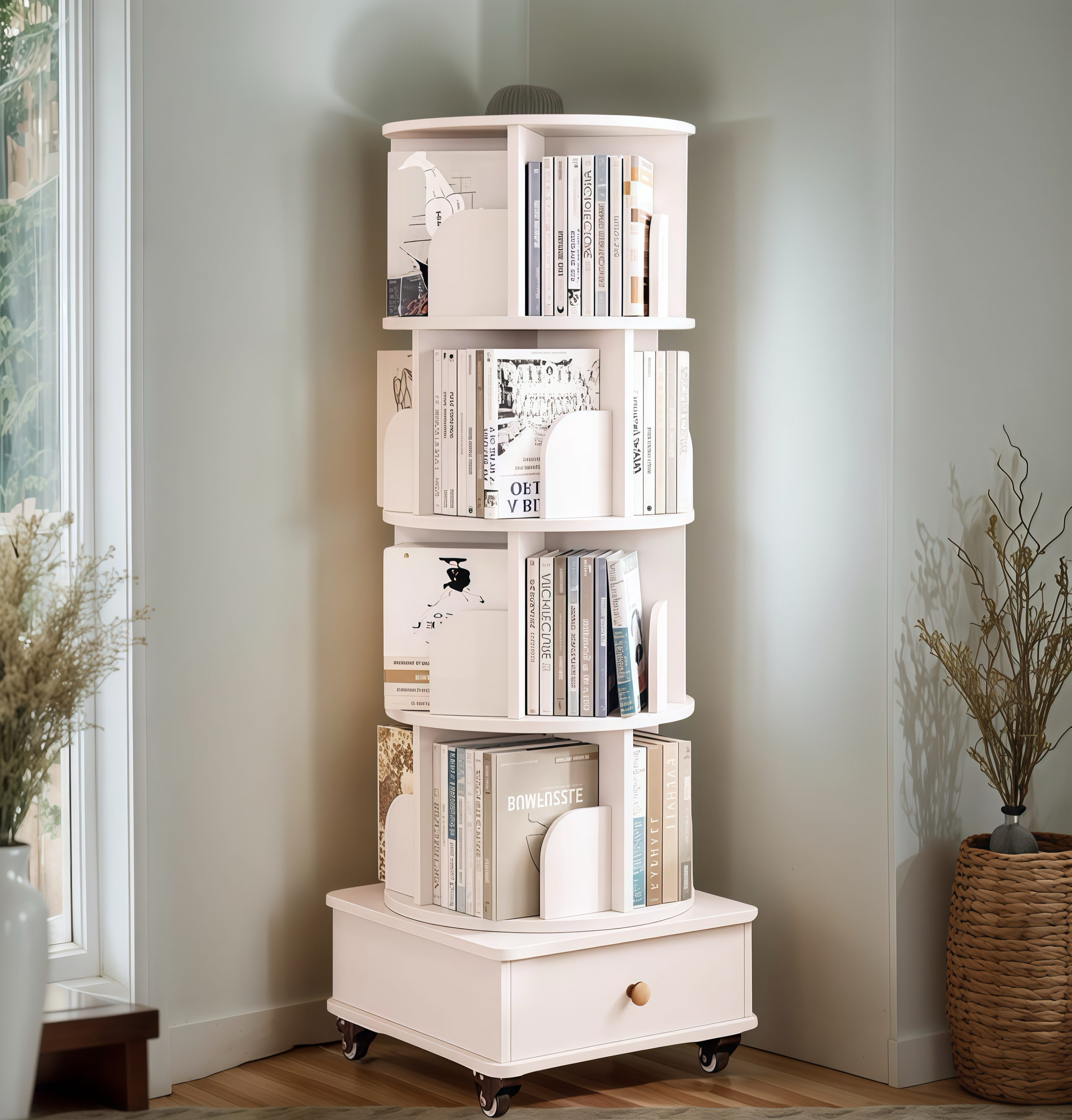 Rotating Bookshelf with Drawer, 360 Display 5 Tier Corner Bookshelf for Small Space, Floor Standing Bookcase Storage Rack, Wood Narrow Organizer for Bedroom, Living Room (WALNUT)