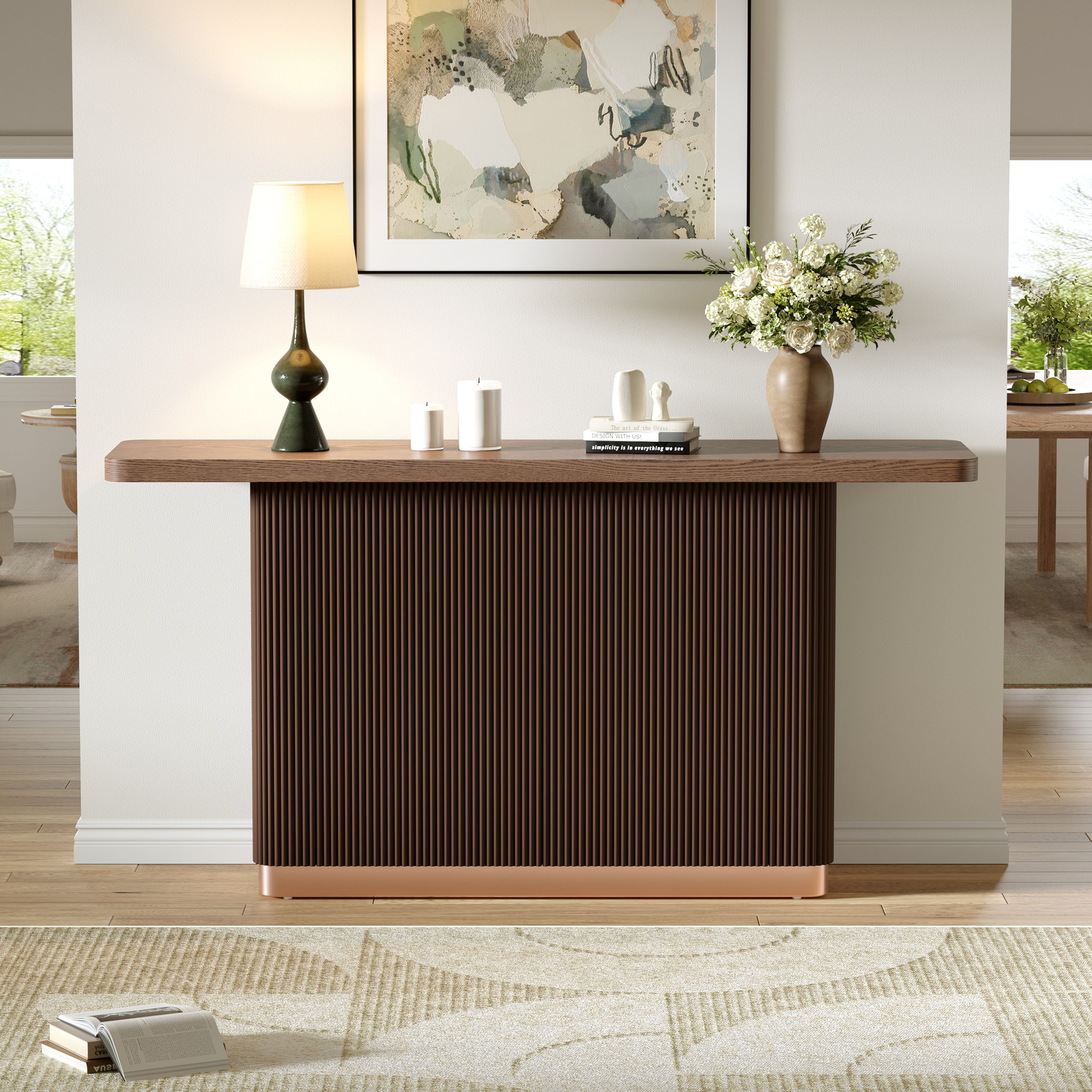 Console Table for Entryway, Ash Veneer Top, Fluted Base with Metal Accent, Modern Hallway Table