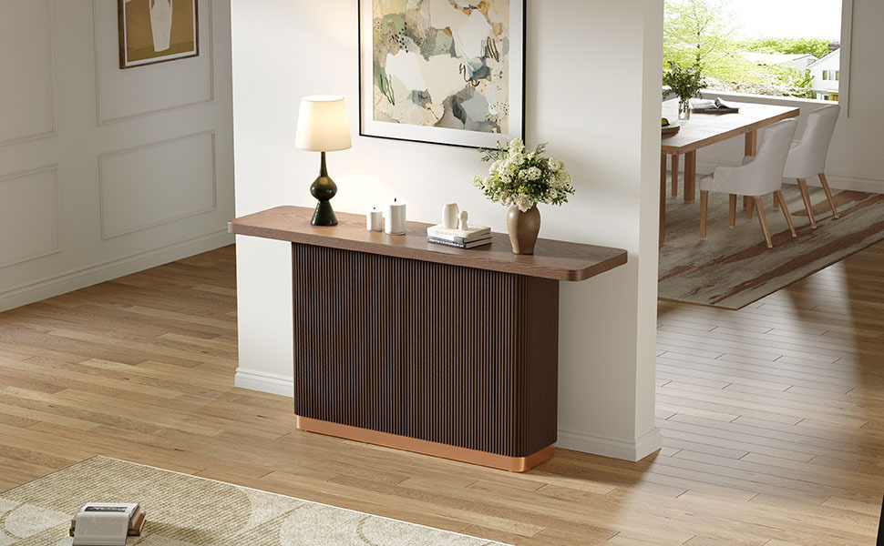 Console Table for Entryway, Ash Veneer Top, Fluted Base with Metal Accent, Modern Hallway Table