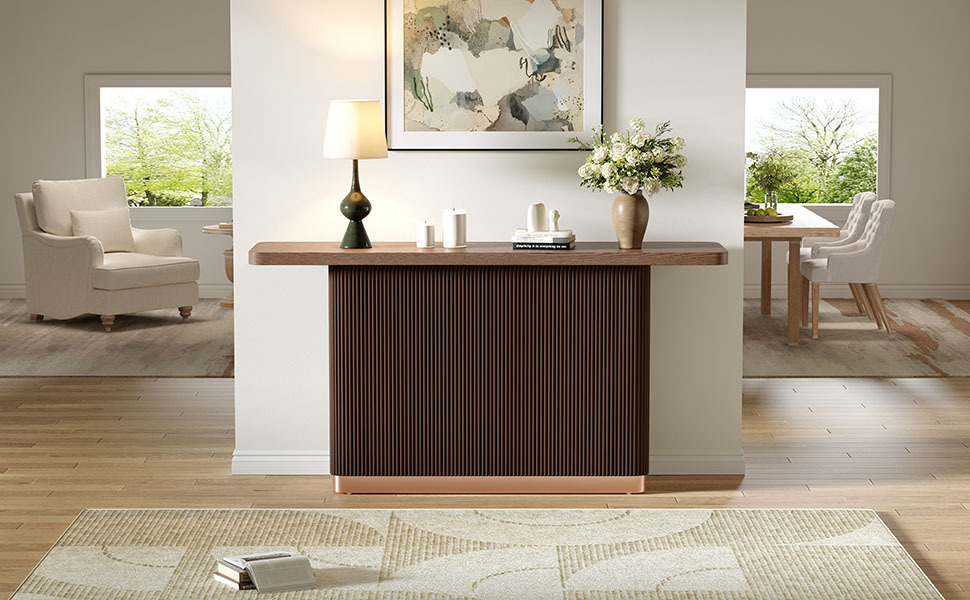Console Table for Entryway, Ash Veneer Top, Fluted Base with Metal Accent, Modern Hallway Table