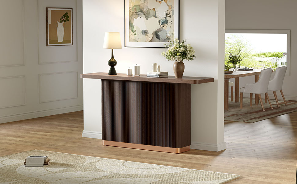 Console Table for Entryway, Ash Veneer Top, Fluted Base with Metal Accent, Modern Hallway Table