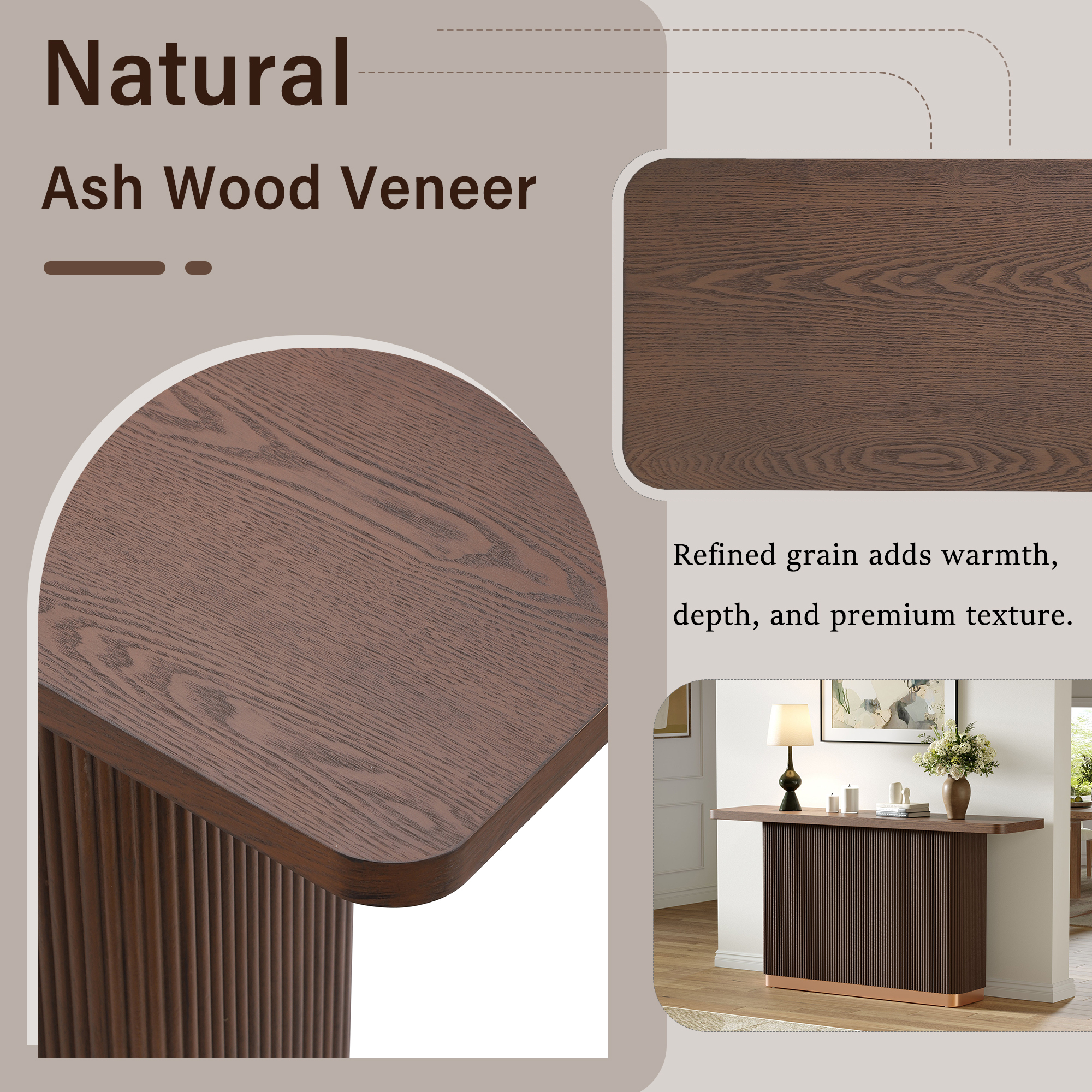 Console Table for Entryway, Ash Veneer Top, Fluted Base with Metal Accent, Modern Hallway Table