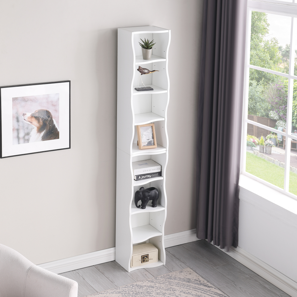 8-layer adjustable shelf ultra-thin bookshelf with a wavy border design, which is more aesthetically pleasing, is suitable for high and narrow, display and multi-functional bookshelves in home offices