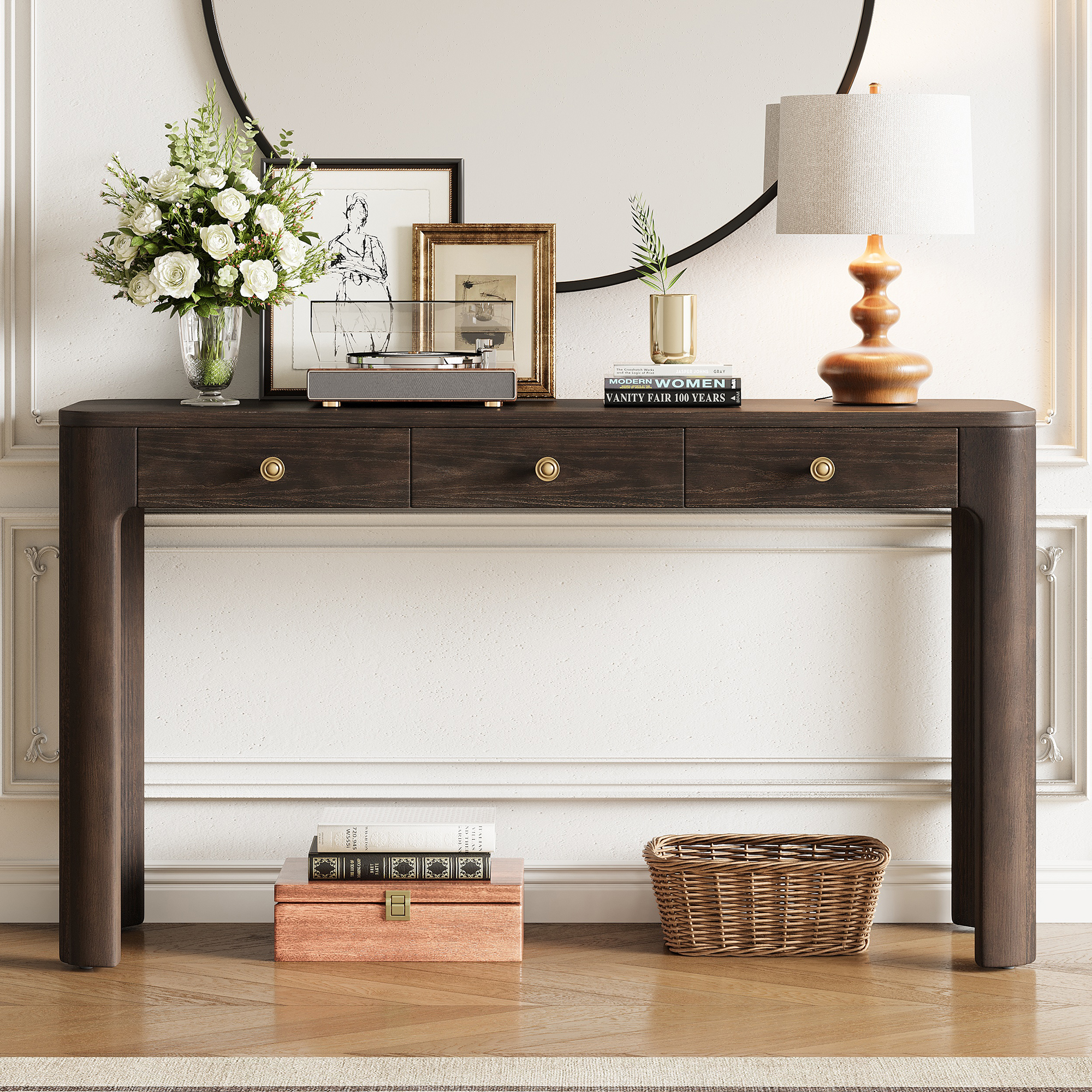 TREXM Rustic Console Table with Curved Corners for Safety, Entryway Table with 3 Concealed Drawers, Sturdy Sofa Table with Thick Legs for Hallway & Living Room