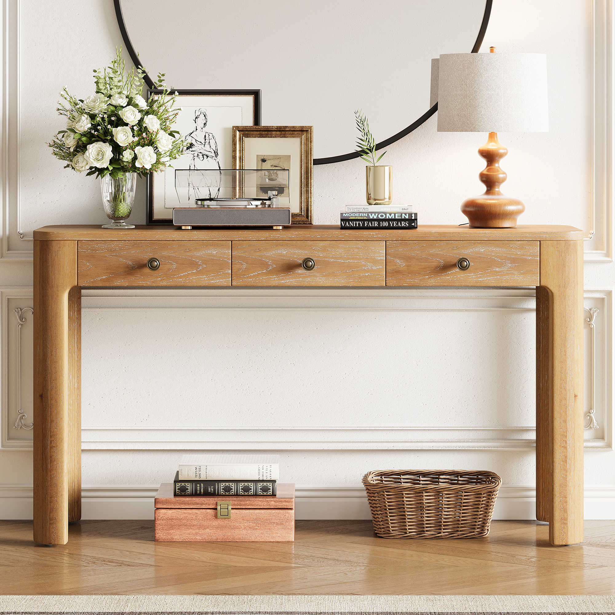 TREXM Rustic Console Table with Curved Corners for Safety, Entryway Table with 3 Concealed Drawers, Sturdy Sofa Table with Thick Legs for Hallway & Living Room