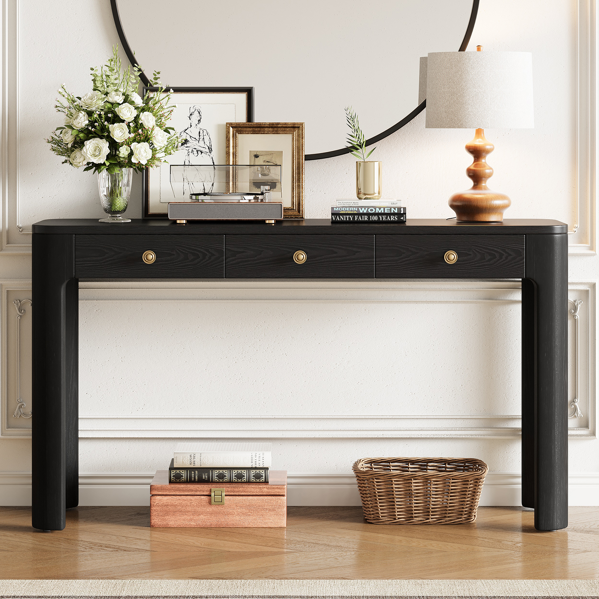TREXM Rustic Console Table with Curved Corners for Safety, Entryway Table with 3 Concealed Drawers, Sturdy Sofa Table with Thick Legs for Hallway & Living Room