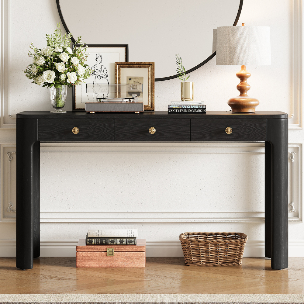 TREXM Rustic Console Table with Curved Corners for Safety, Entryway Table with 3 Concealed Drawers, Sturdy Sofa Table with Thick Legs for Hallway & Living Room