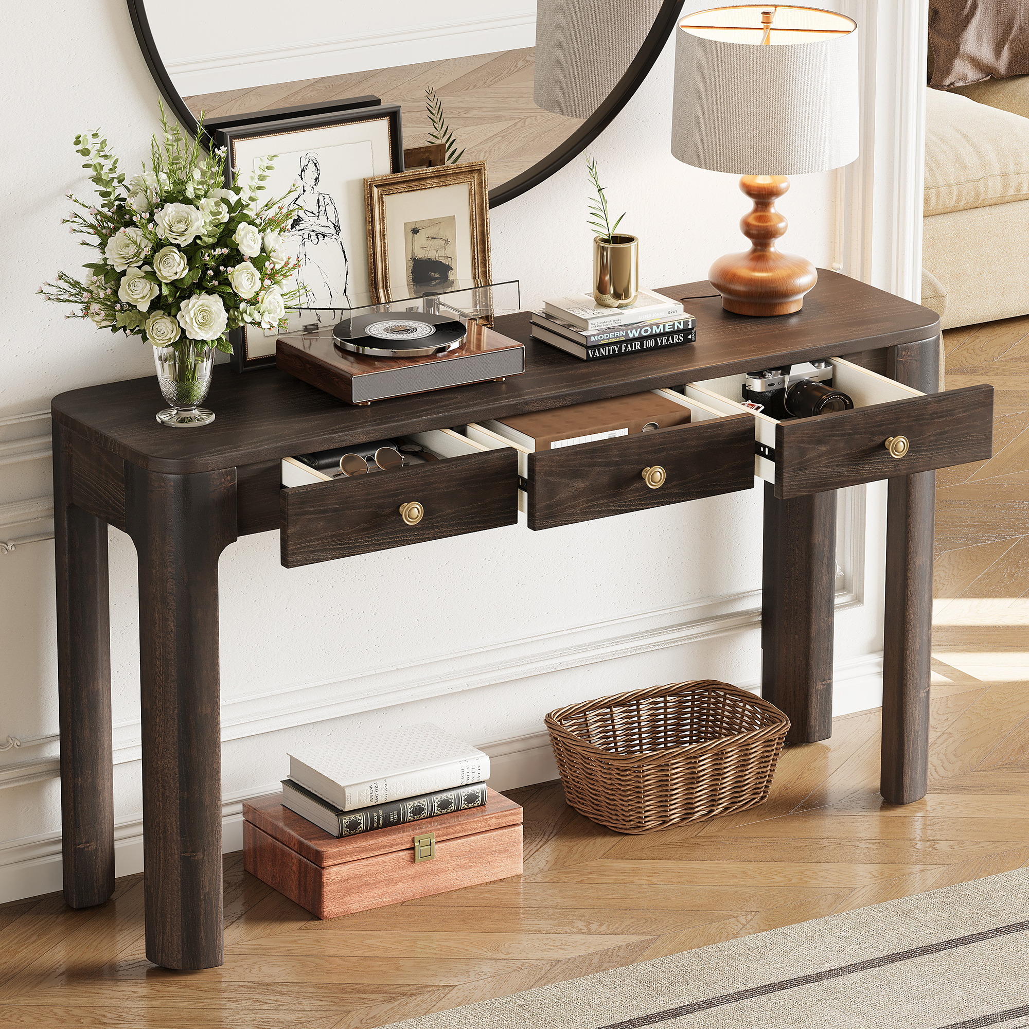 TREXM Rustic Console Table with Curved Corners for Safety, Entryway Table with 3 Concealed Drawers, Sturdy Sofa Table with Thick Legs for Hallway & Living Room