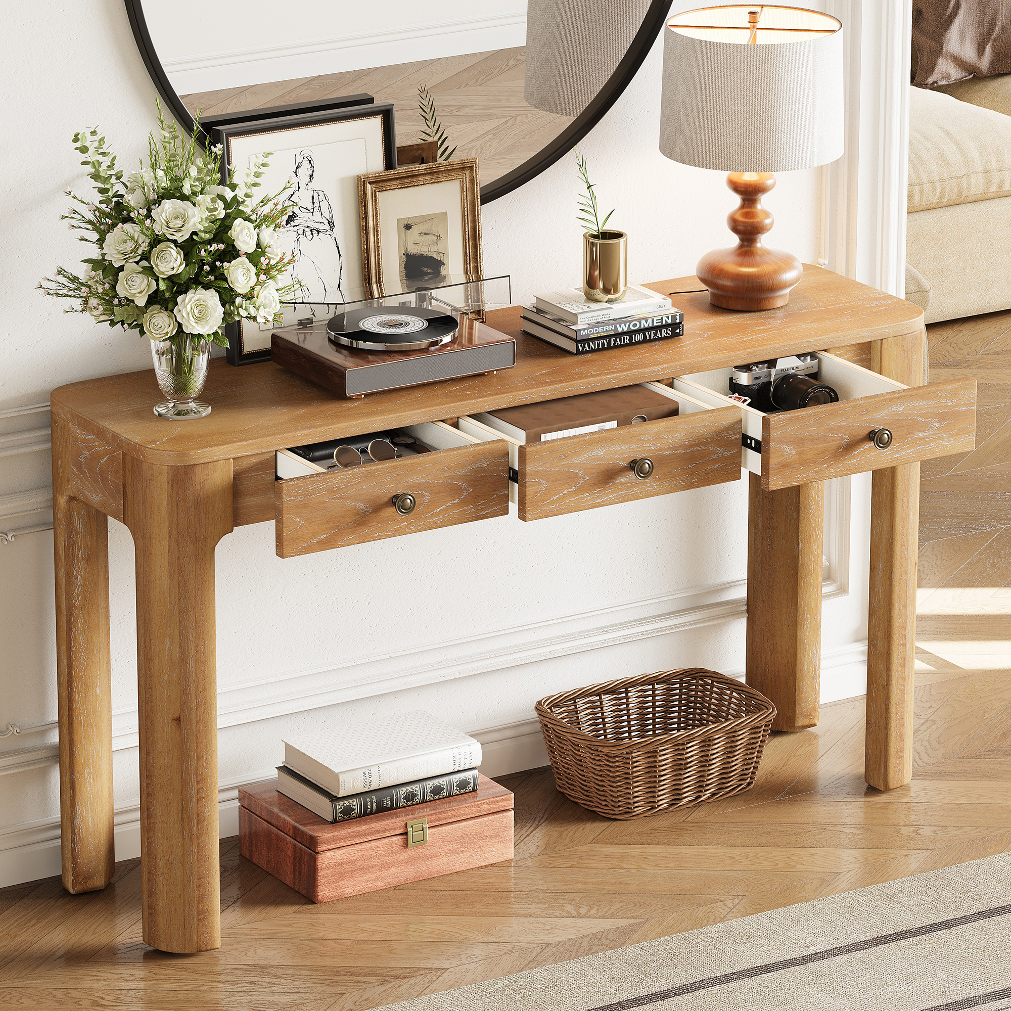 TREXM Rustic Console Table with Curved Corners for Safety, Entryway Table with 3 Concealed Drawers, Sturdy Sofa Table with Thick Legs for Hallway & Living Room