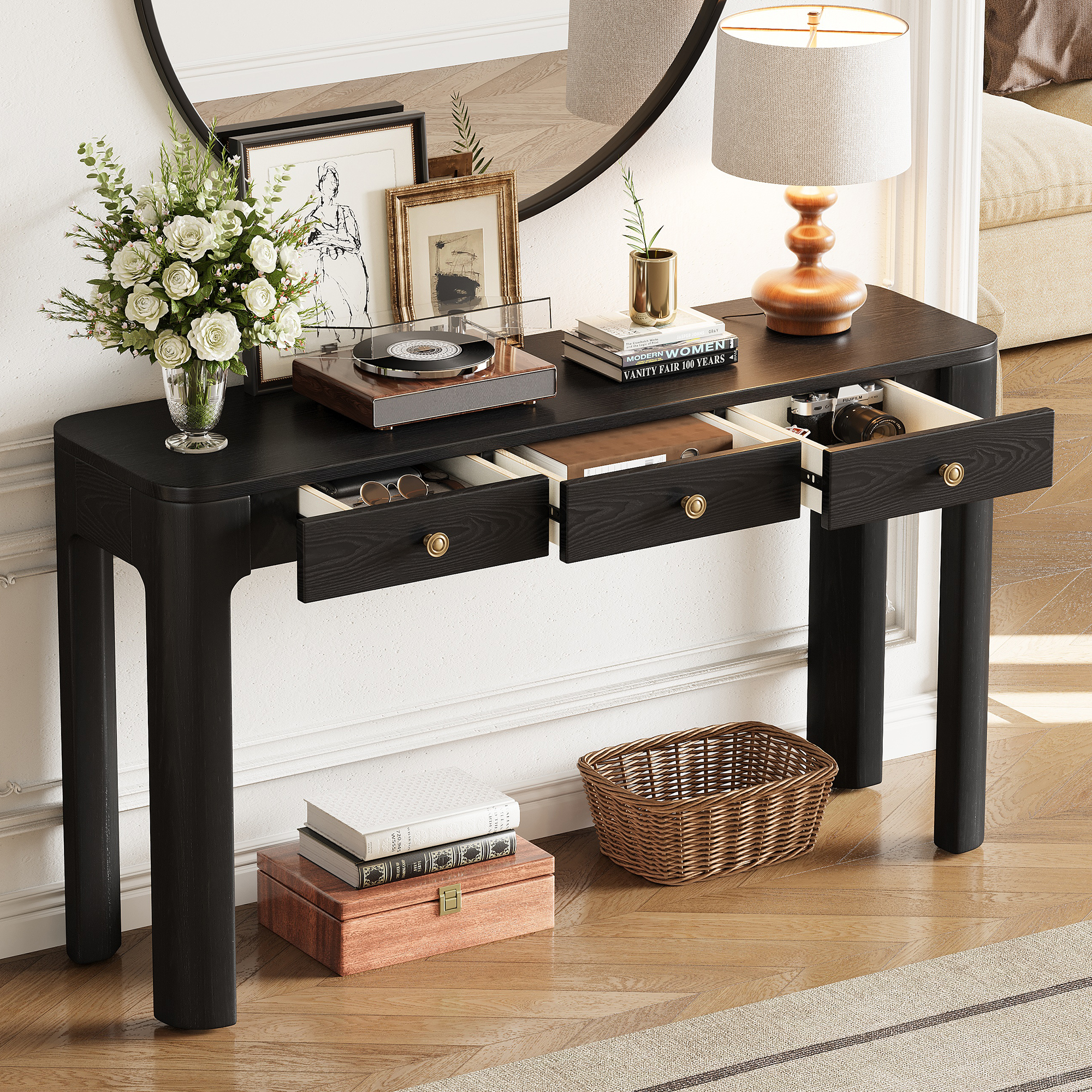 TREXM Rustic Console Table with Curved Corners for Safety, Entryway Table with 3 Concealed Drawers, Sturdy Sofa Table with Thick Legs for Hallway & Living Room