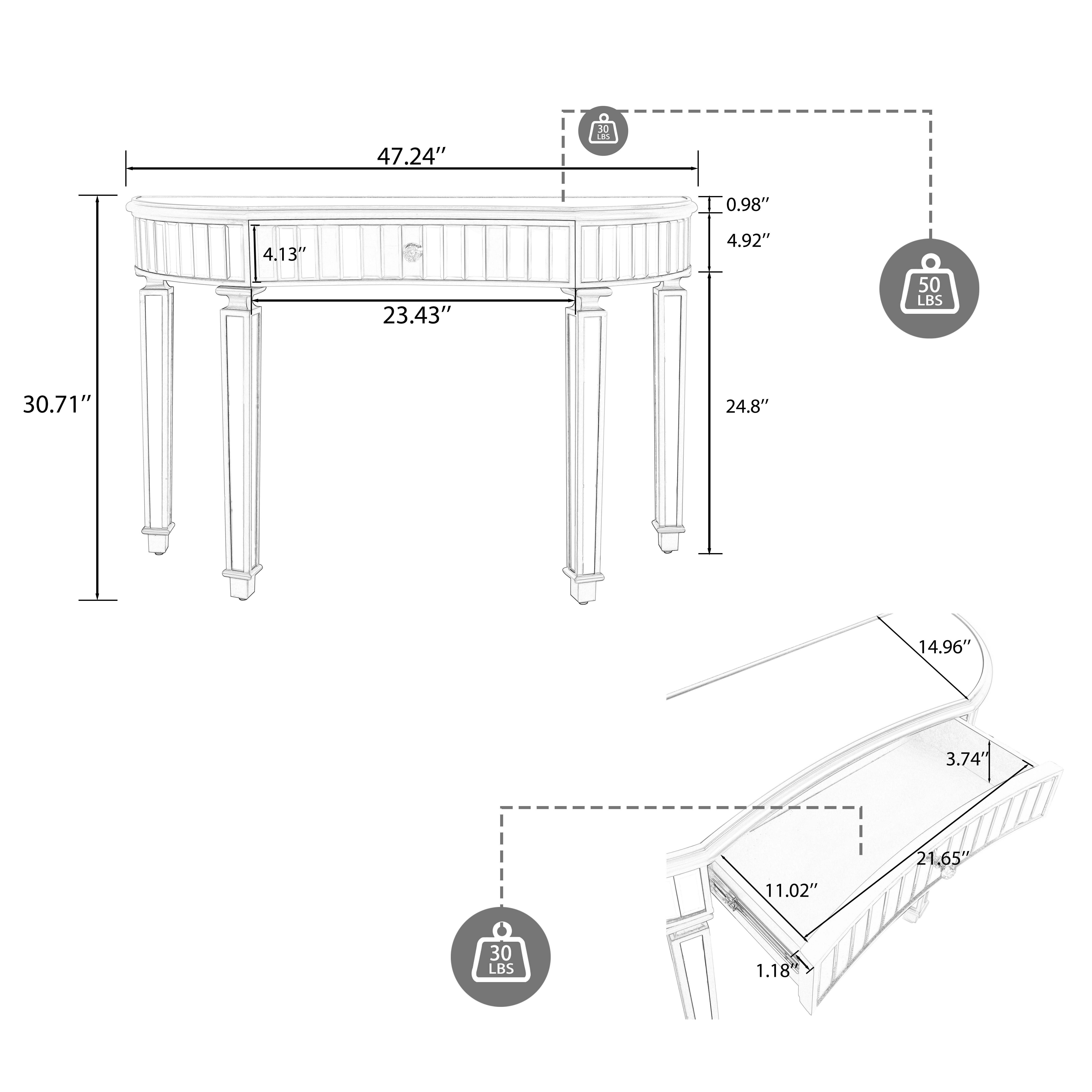 47" Half-Moon Mirrored Console Table with Fluted Glass & Crystal Knob Drawer - Silver Entryway Vanity Desk for Bedroom/Dressing Room