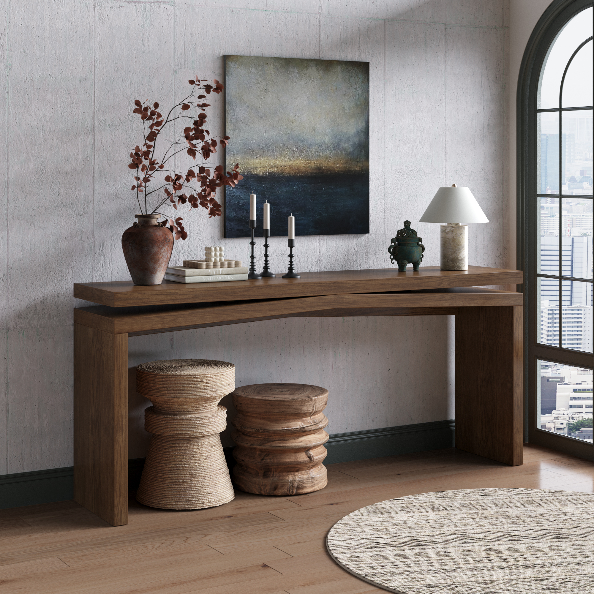 65-Inch Rustic Solid Wood Veneer Console Table, Long Farmhouse Entryway Sofa Table for Living Room, Hallway, Behind Couch, Apartment