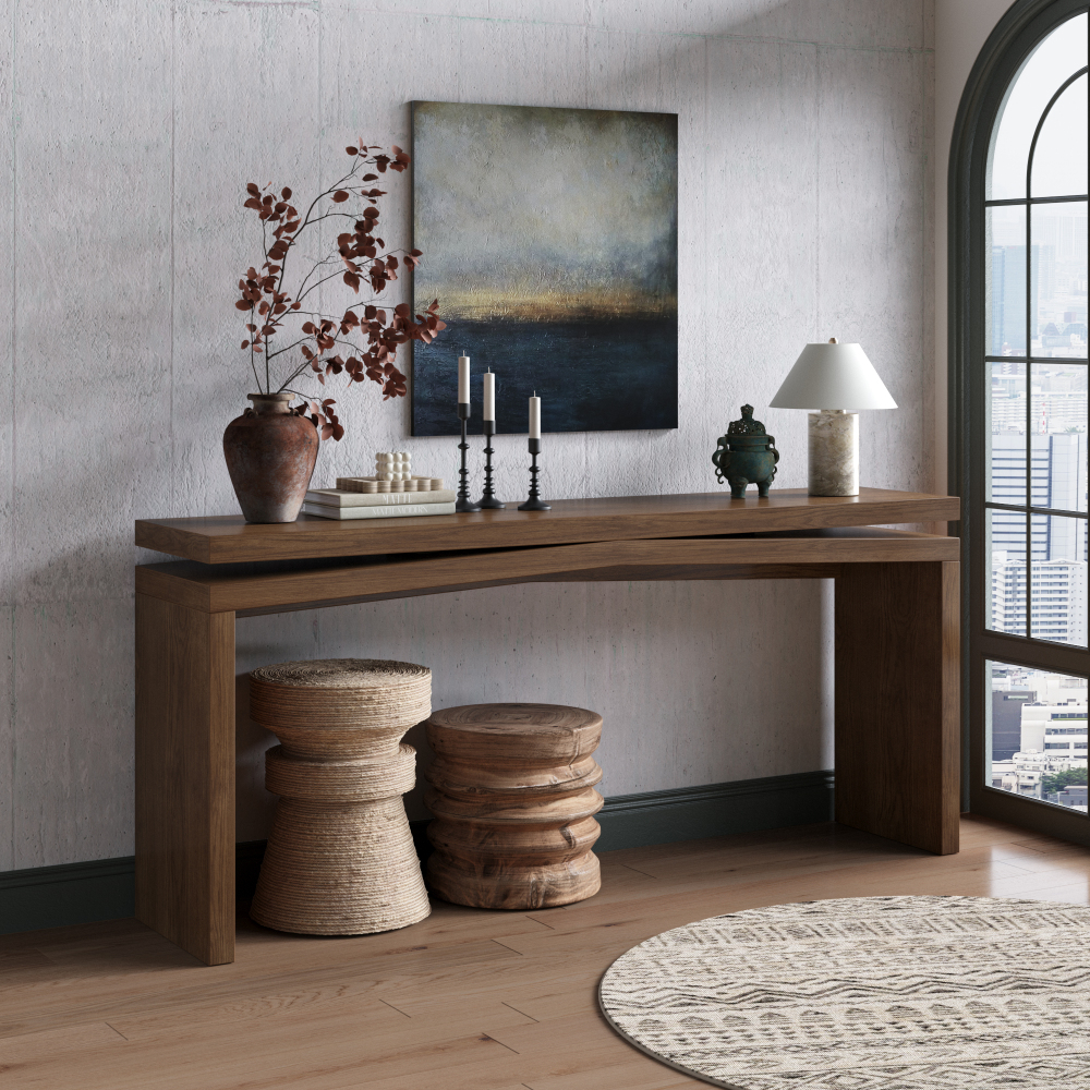 65-Inch Rustic Solid Wood Veneer Console Table, Long Farmhouse Entryway Sofa Table for Living Room, Hallway, Behind Couch, Apartment