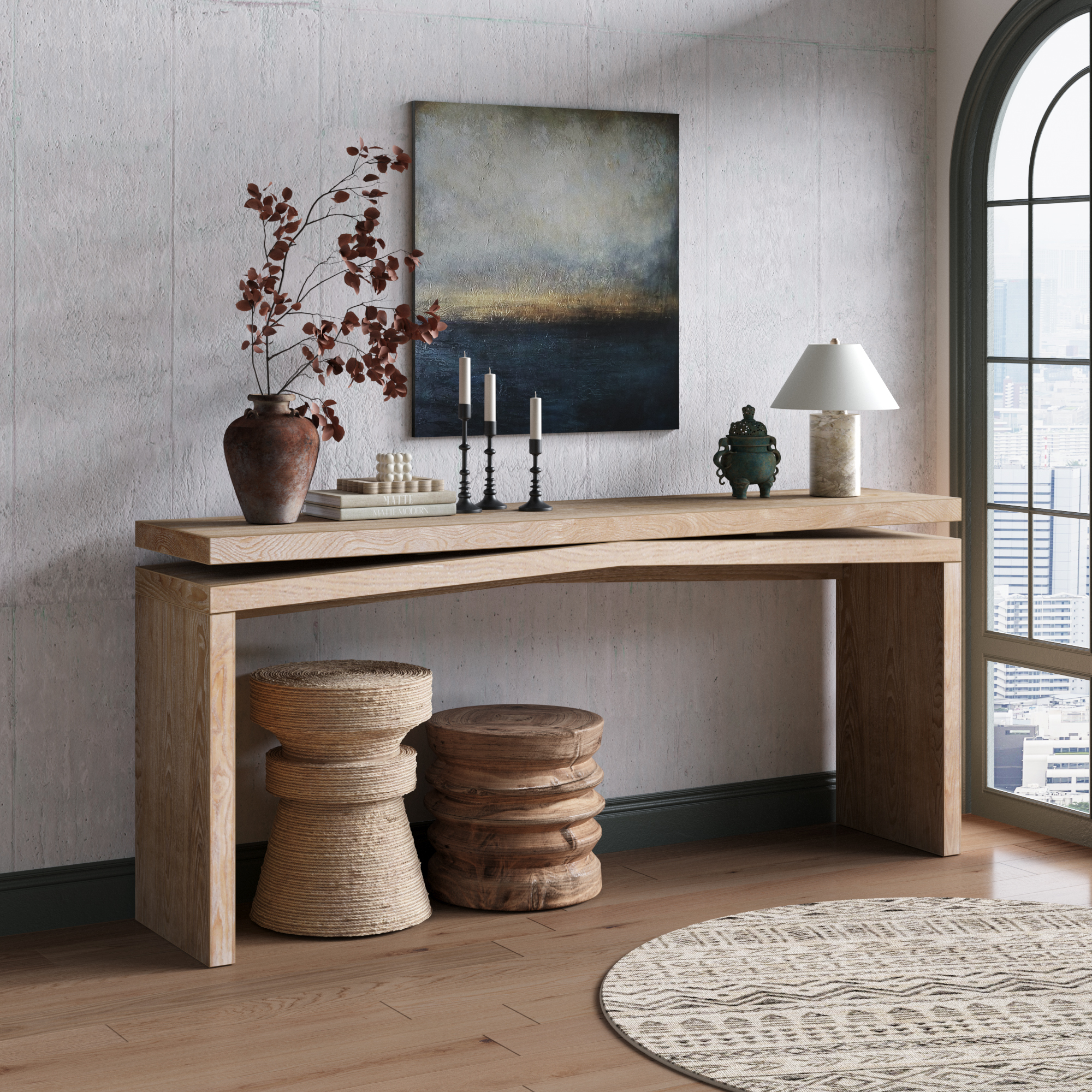 65-Inch Rustic Solid Wood Veneer Console Table, Long Farmhouse Entryway Sofa Table for Living Room, Hallway, Behind Couch, Apartment