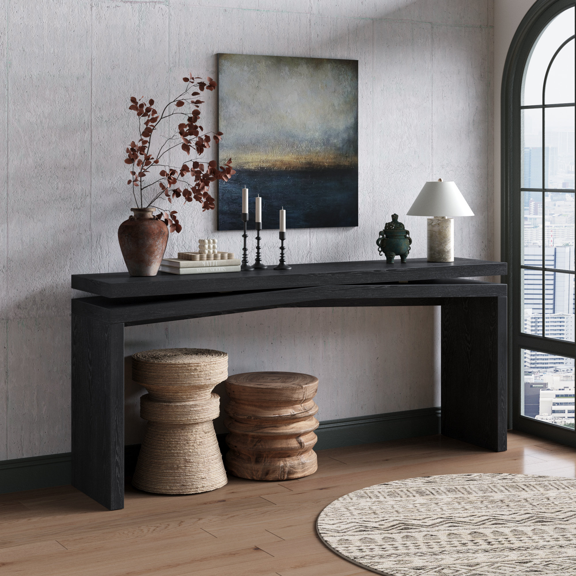 65-Inch Rustic Solid Wood Veneer Console Table, Long Farmhouse Entryway Sofa Table for Living Room, Hallway, Behind Couch, Apartment