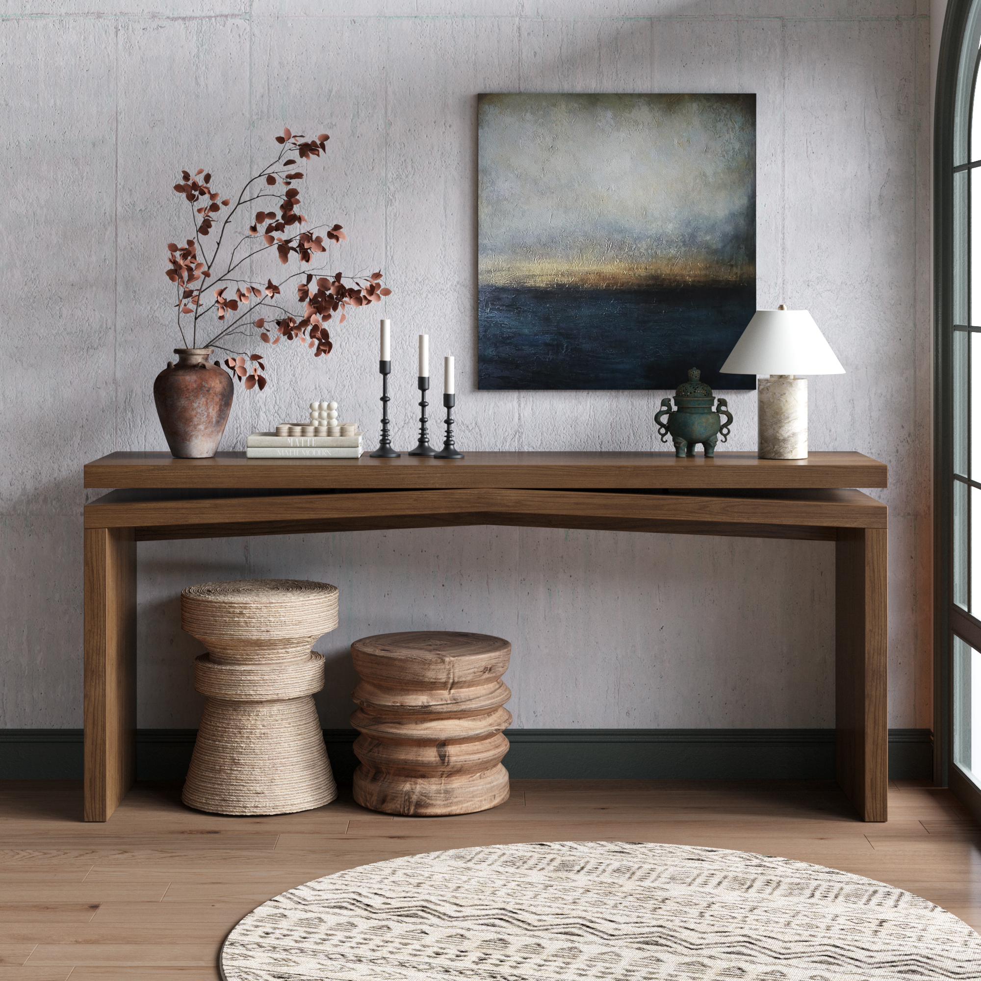65-Inch Rustic Solid Wood Veneer Console Table, Long Farmhouse Entryway Sofa Table for Living Room, Hallway, Behind Couch, Apartment