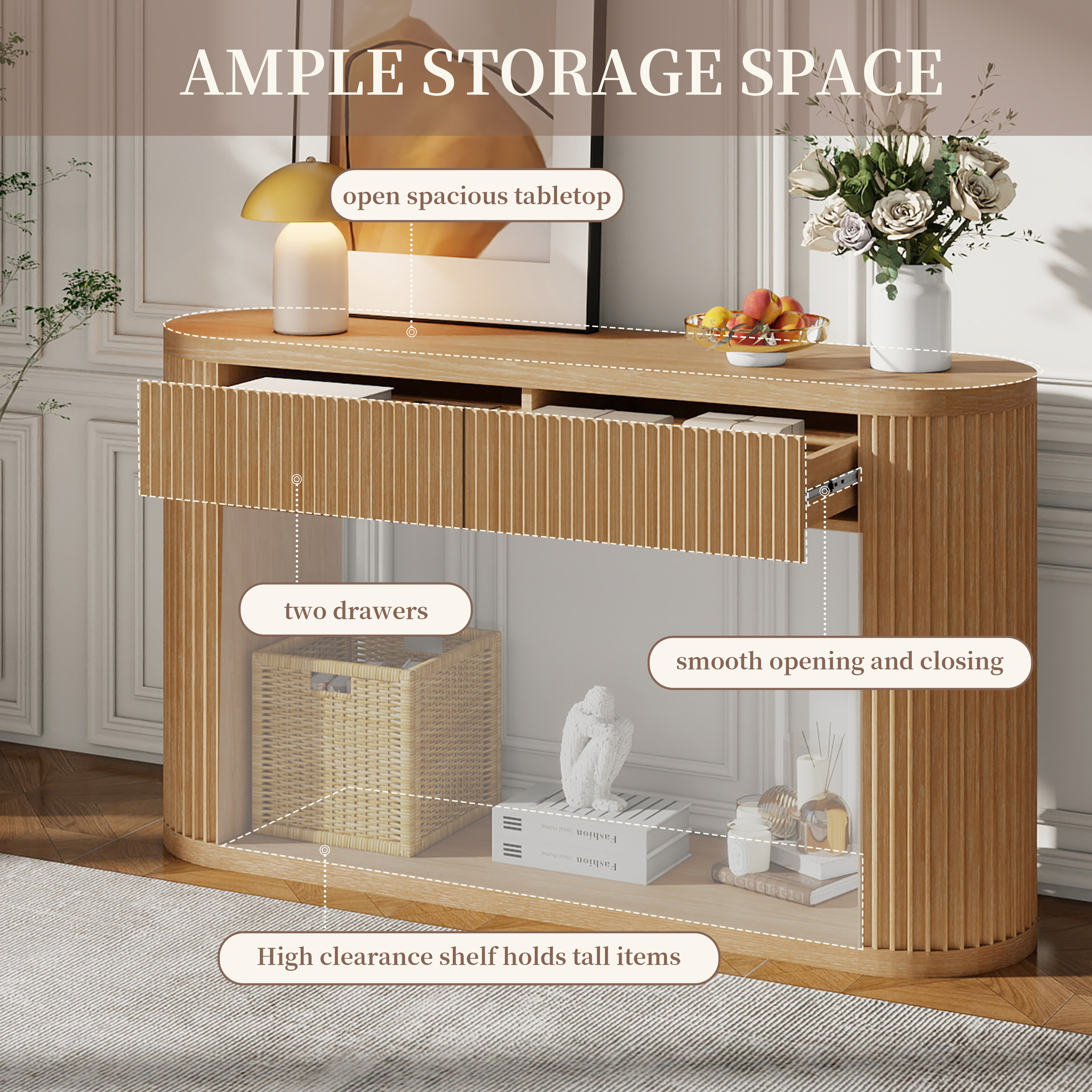 TREXM Oval Fluted Console Table with 2 Drawers and Bottom Shelf, Wood Entryway Table with Smooth Metal Slides for Living Room, Entryway