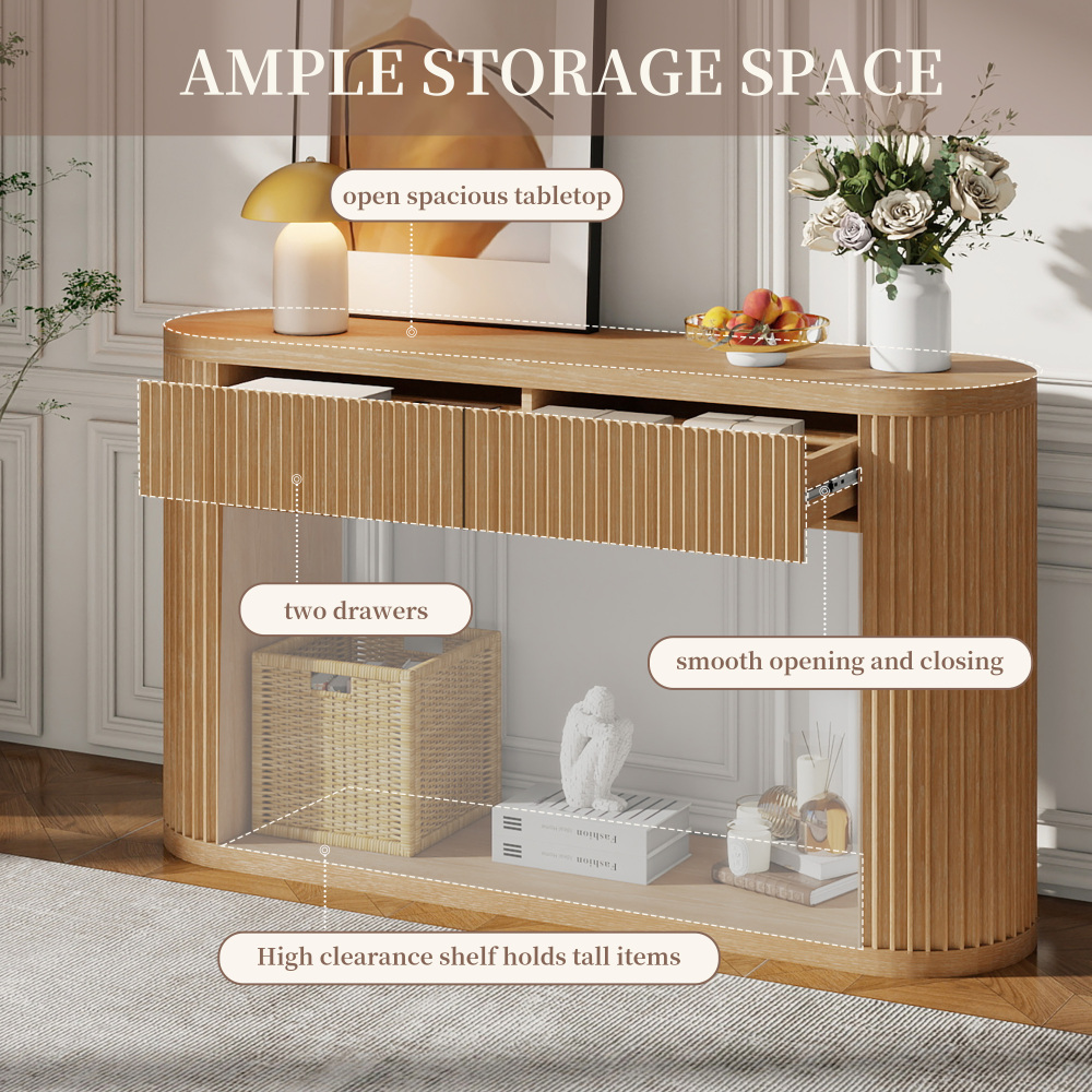 TREXM Oval Fluted Console Table with 2 Drawers and Bottom Shelf, Wood Entryway Table with Smooth Metal Slides for Living Room, Entryway