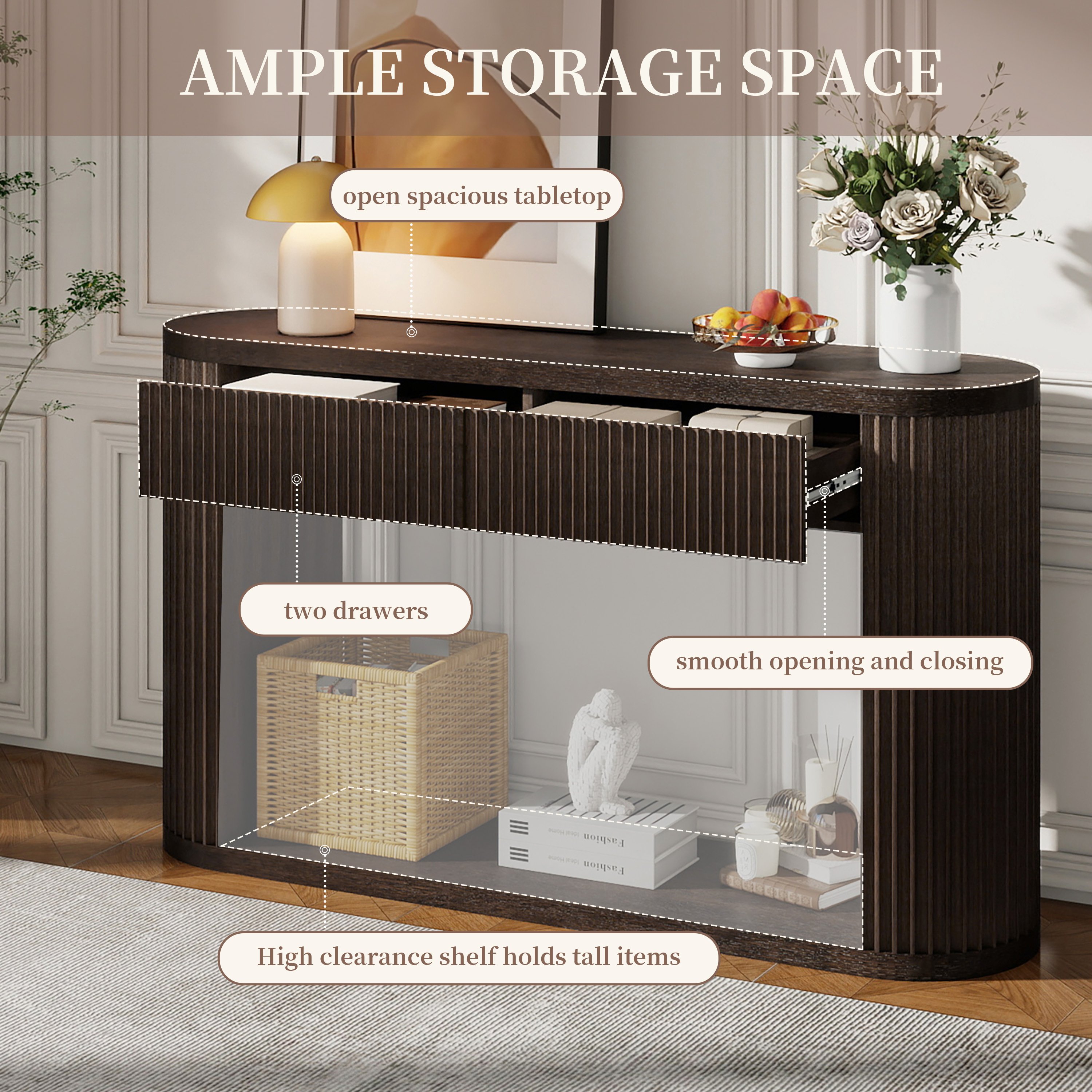 TREXM Oval Fluted Console Table with 2 Drawers and Bottom Shelf, Wood Entryway Table with Smooth Metal Slides for Living Room, Entryway