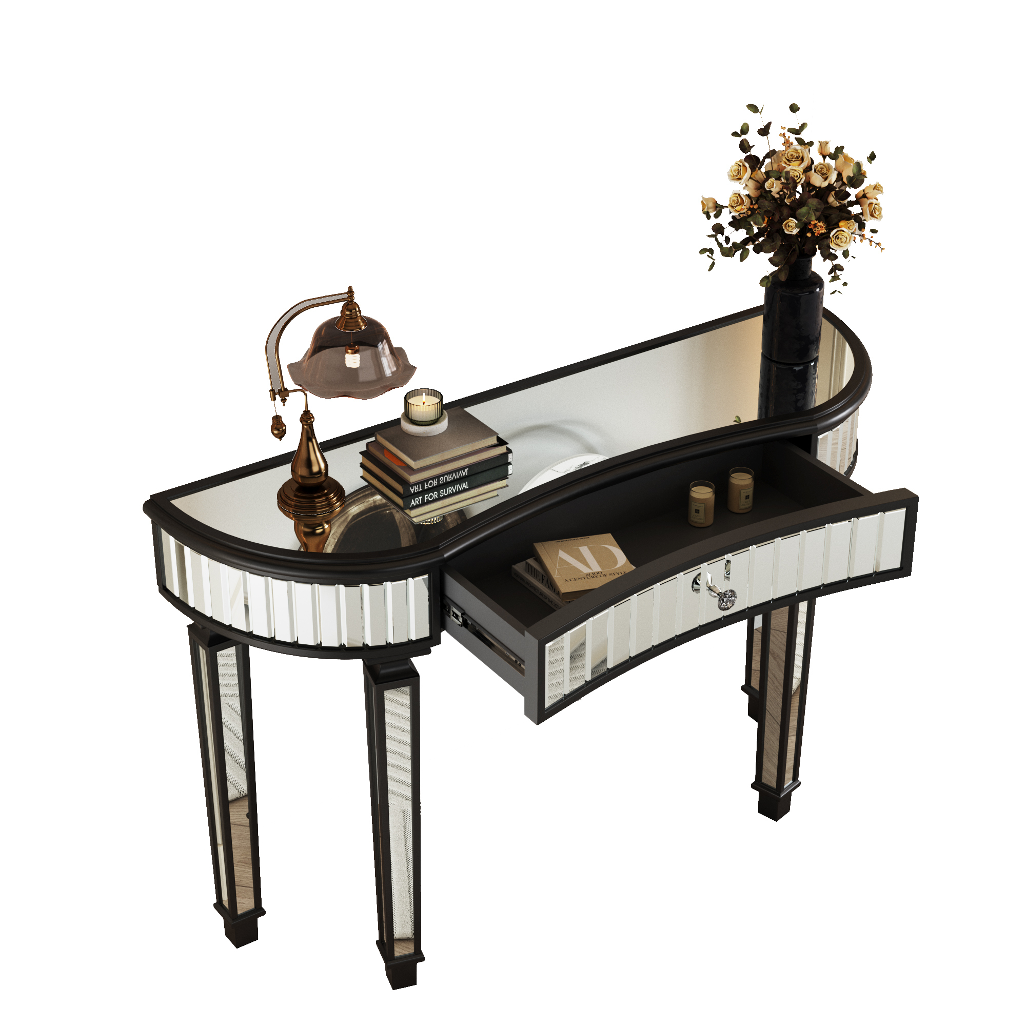 47" Half-Moon Mirrored Console Table with Fluted Glass & Crystal Knob Drawer - Silver Entryway Vanity Desk for Bedroom/Dressing Room