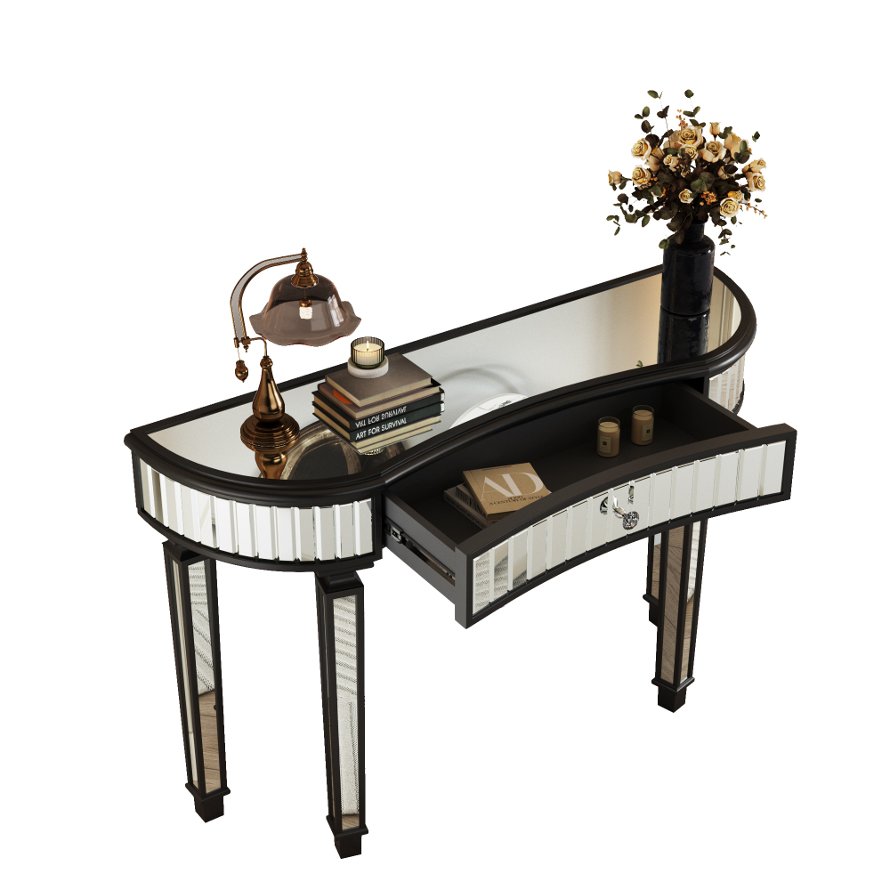 47" Half-Moon Mirrored Console Table with Fluted Glass & Crystal Knob Drawer - Silver Entryway Vanity Desk for Bedroom/Dressing Room