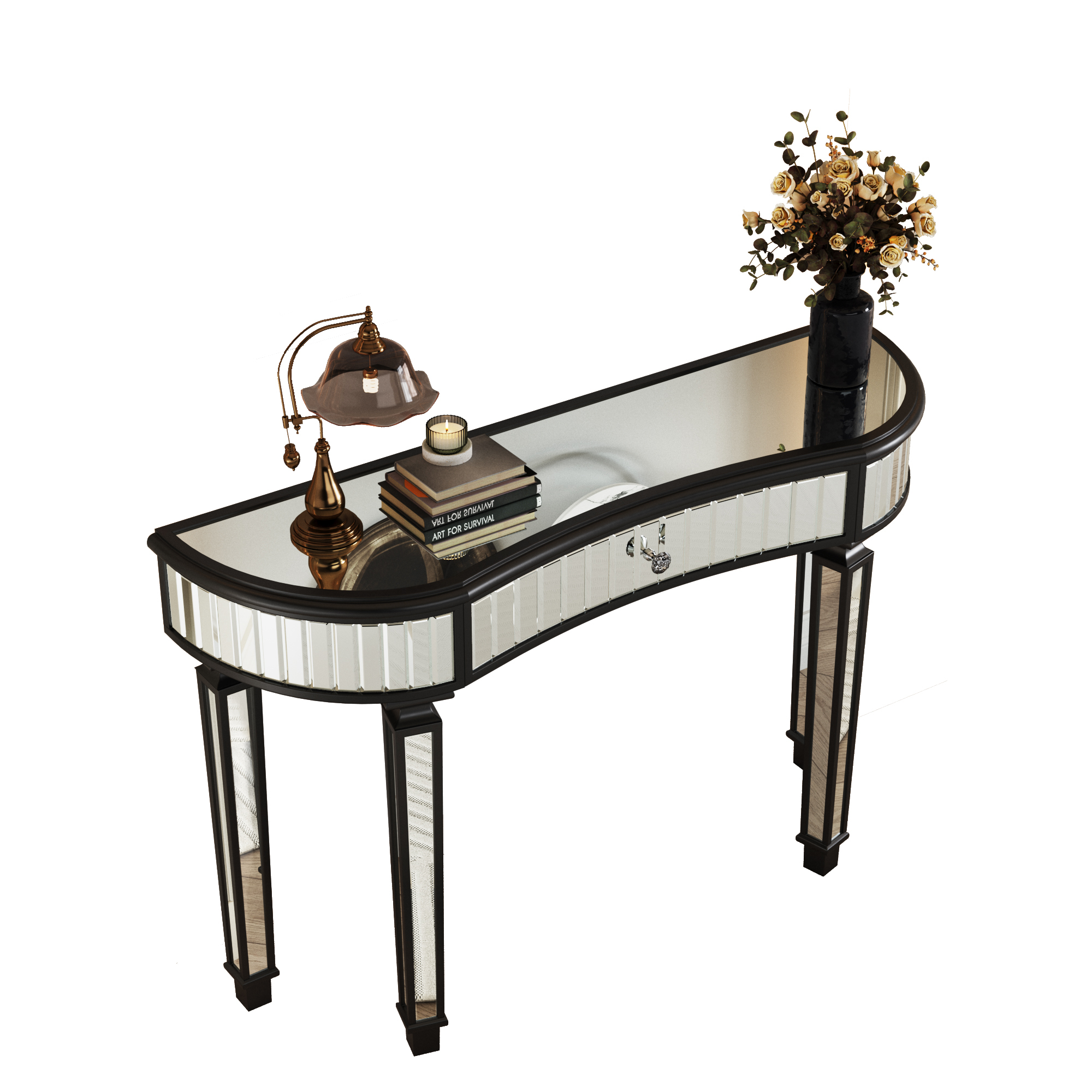 47" Half-Moon Mirrored Console Table with Fluted Glass & Crystal Knob Drawer - Silver Entryway Vanity Desk for Bedroom/Dressing Room
