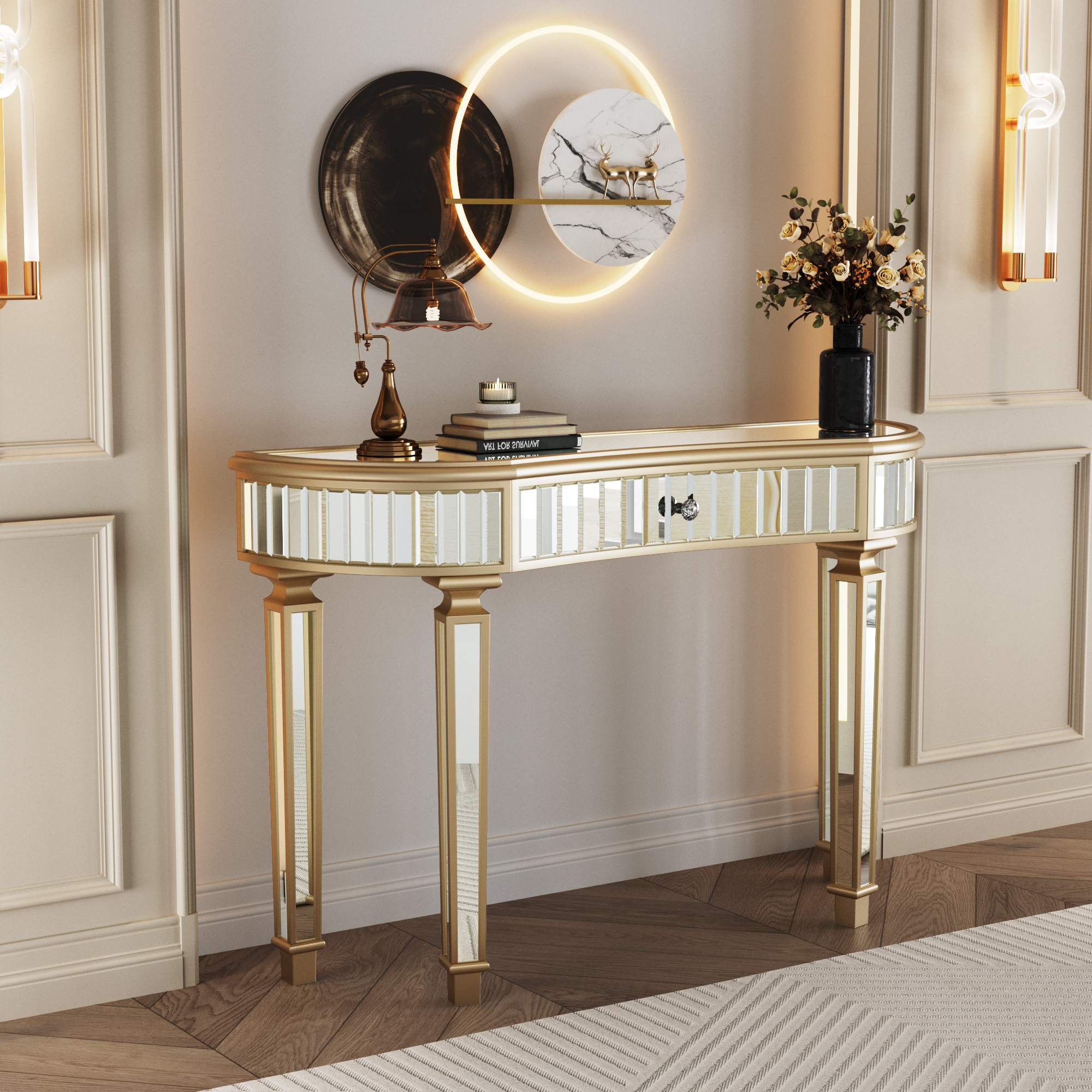 47" Half-Moon Mirrored Console Table with Fluted Glass & Crystal Knob Drawer - Silver Entryway Vanity Desk for Bedroom/Dressing Room