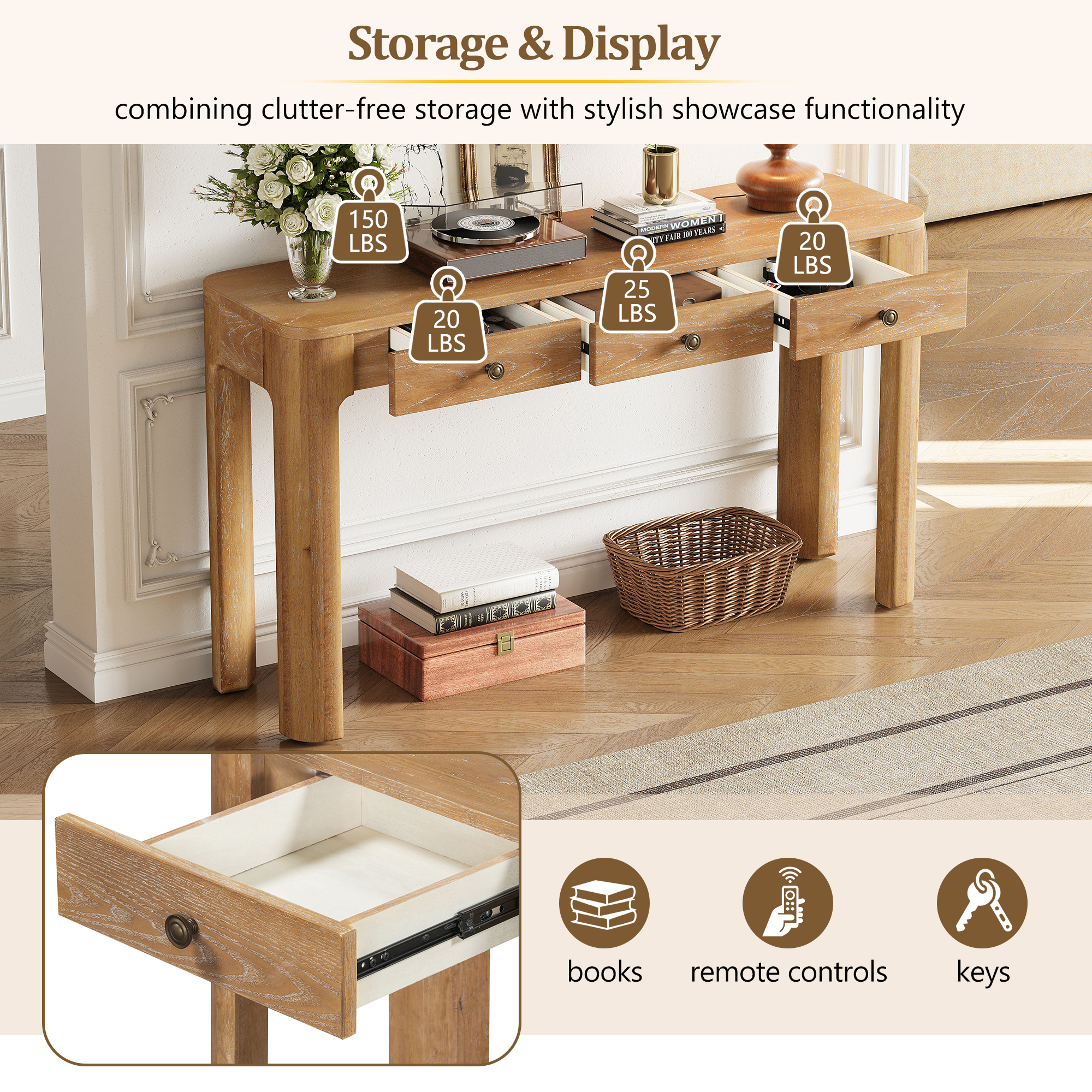 TREXM Rustic Console Table with Curved Corners for Safety, Entryway Table with 3 Concealed Drawers, Sturdy Sofa Table with Thick Legs for Hallway & Living Room