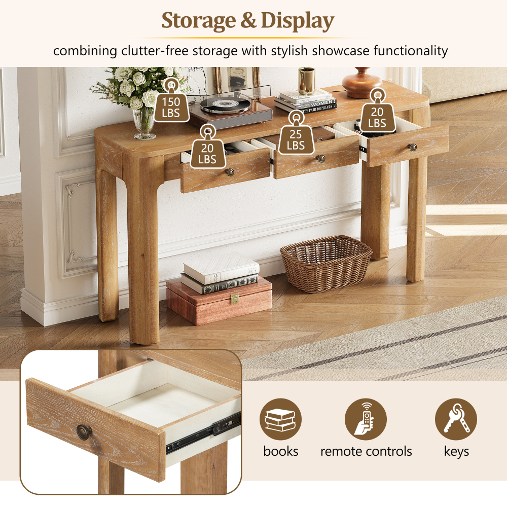 TREXM Rustic Console Table with Curved Corners for Safety, Entryway Table with 3 Concealed Drawers, Sturdy Sofa Table with Thick Legs for Hallway & Living Room