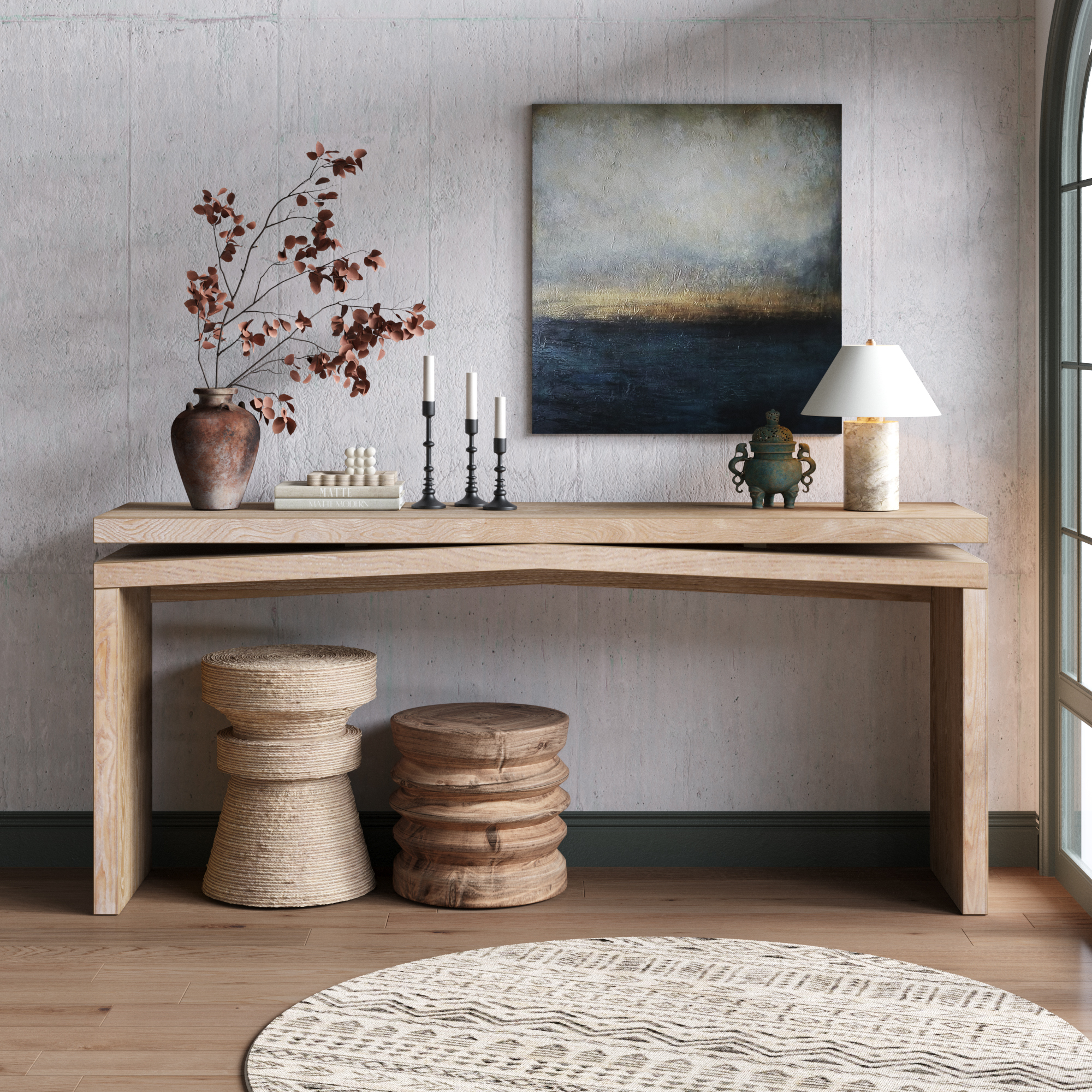 65-Inch Rustic Solid Wood Veneer Console Table, Long Farmhouse Entryway Sofa Table for Living Room, Hallway, Behind Couch, Apartment