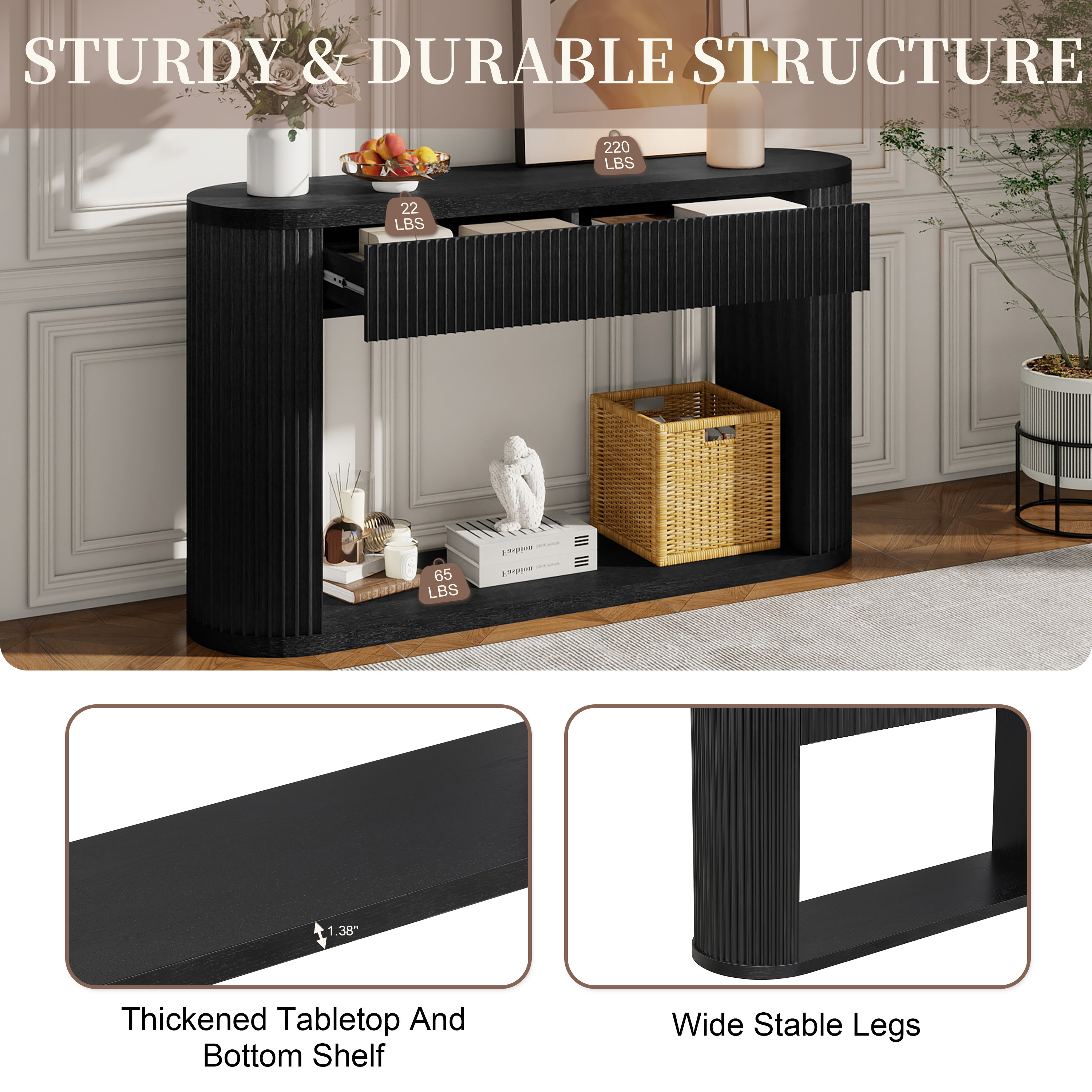 TREXM Oval Fluted Console Table with 2 Drawers and Bottom Shelf, Wood Entryway Table with Smooth Metal Slides for Living Room, Entryway