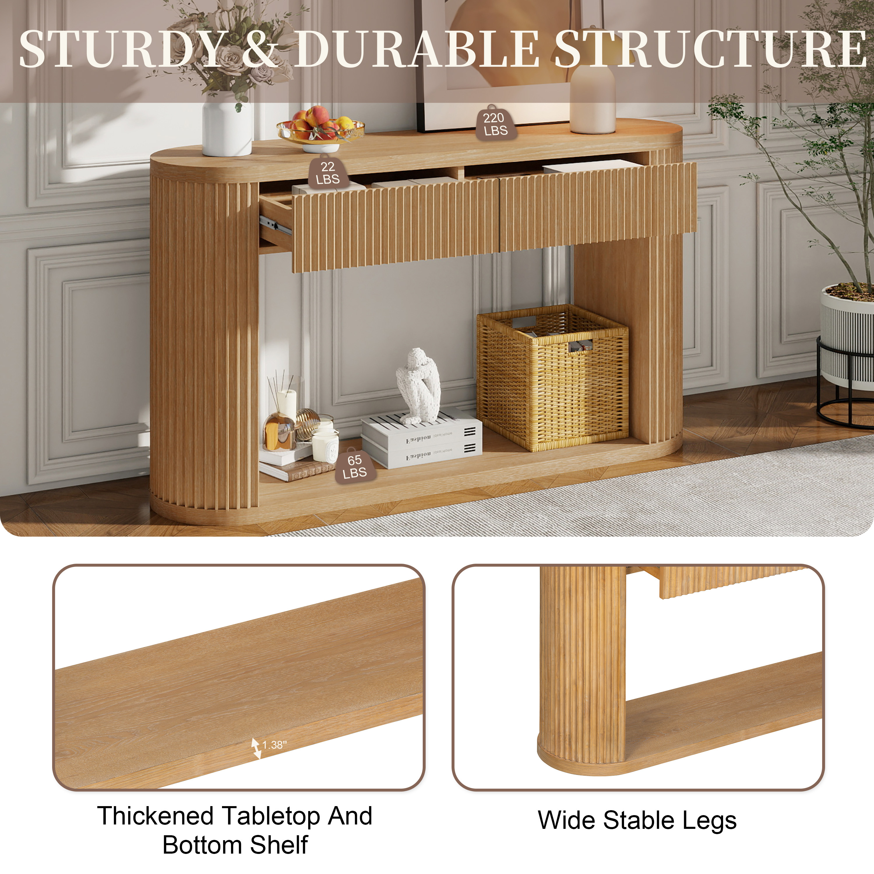 TREXM Oval Fluted Console Table with 2 Drawers and Bottom Shelf, Wood Entryway Table with Smooth Metal Slides for Living Room, Entryway