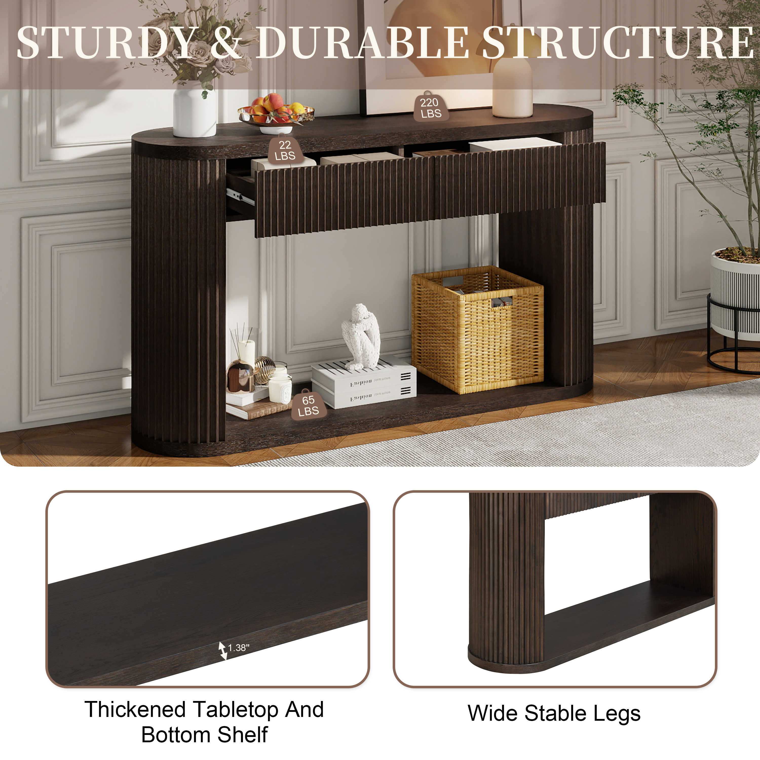 TREXM Oval Fluted Console Table with 2 Drawers and Bottom Shelf, Wood Entryway Table with Smooth Metal Slides for Living Room, Entryway