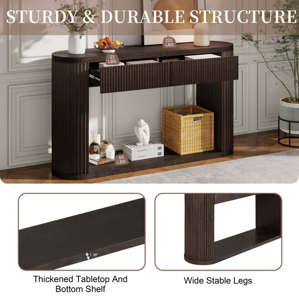 TREXM Oval Fluted Console Table with 2 Drawers and Bottom Shelf, Wood Entryway Table with Smooth Metal Slides for Living Room, Entryway