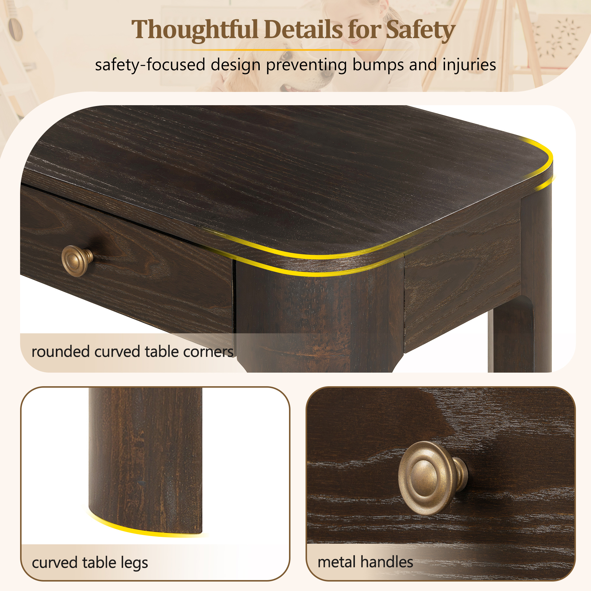 TREXM Rustic Console Table with Curved Corners for Safety, Entryway Table with 3 Concealed Drawers, Sturdy Sofa Table with Thick Legs for Hallway & Living Room