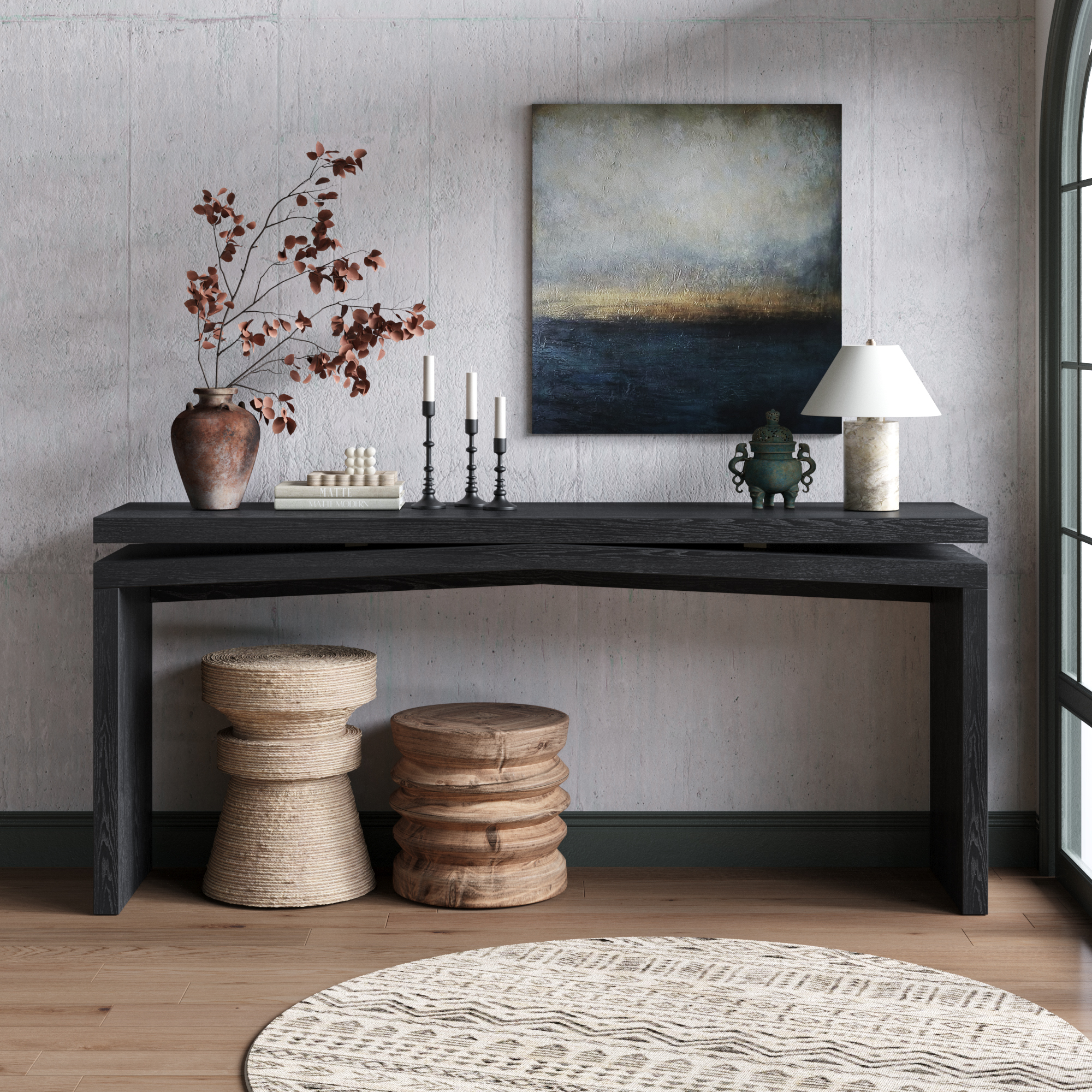 65-Inch Rustic Solid Wood Veneer Console Table, Long Farmhouse Entryway Sofa Table for Living Room, Hallway, Behind Couch, Apartment