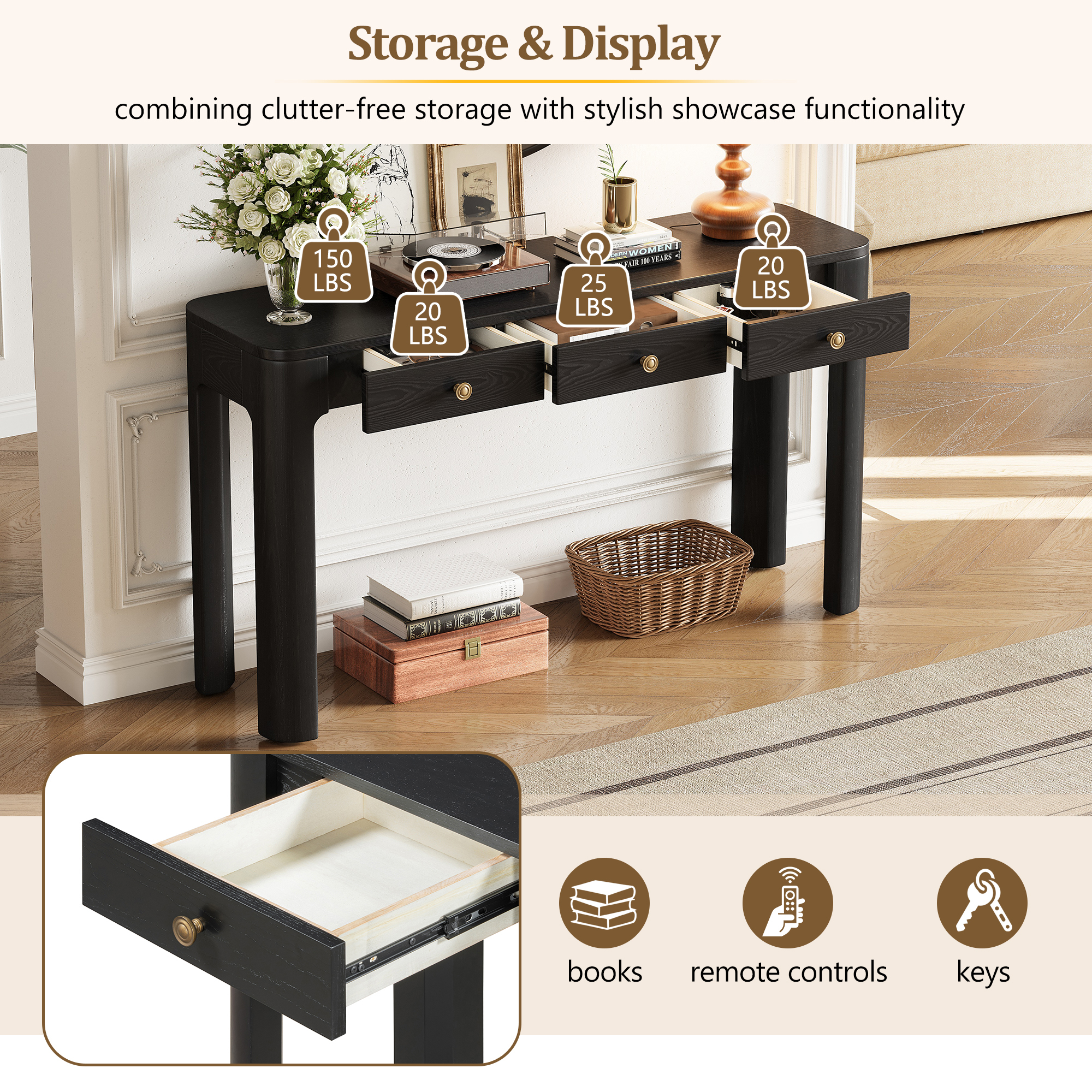 TREXM Rustic Console Table with Curved Corners for Safety, Entryway Table with 3 Concealed Drawers, Sturdy Sofa Table with Thick Legs for Hallway & Living Room