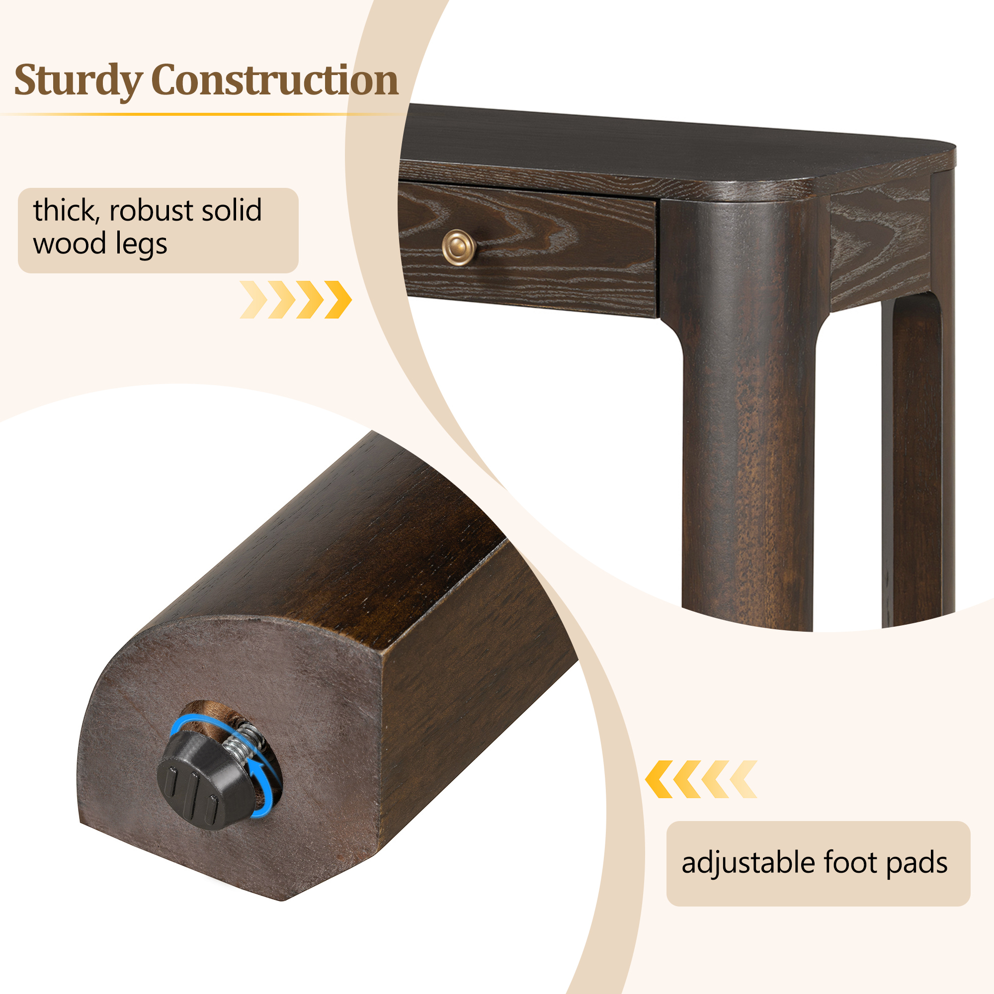 TREXM Rustic Console Table with Curved Corners for Safety, Entryway Table with 3 Concealed Drawers, Sturdy Sofa Table with Thick Legs for Hallway & Living Room