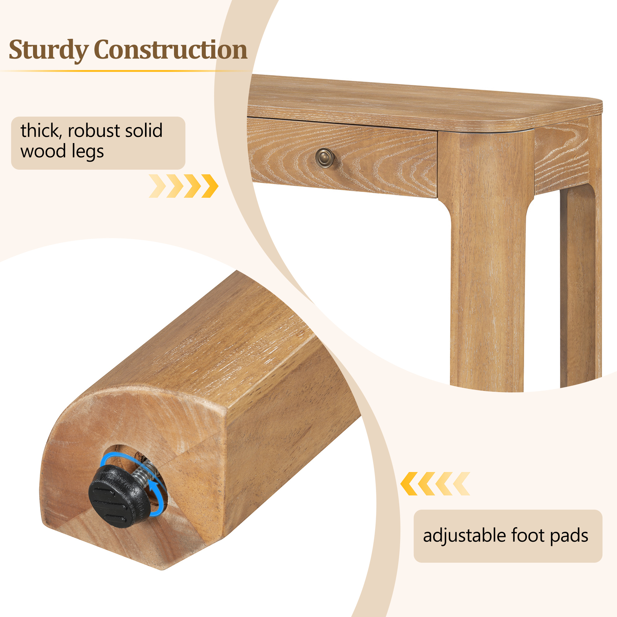 TREXM Rustic Console Table with Curved Corners for Safety, Entryway Table with 3 Concealed Drawers, Sturdy Sofa Table with Thick Legs for Hallway & Living Room