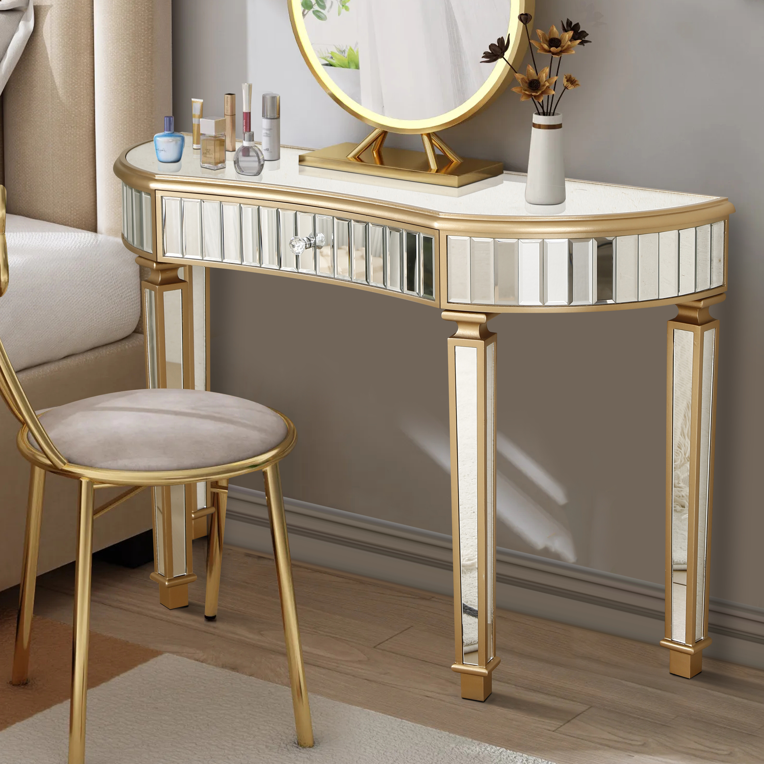 47" Half-Moon Mirrored Console Table with Fluted Glass & Crystal Knob Drawer - Silver Entryway Vanity Desk for Bedroom/Dressing Room