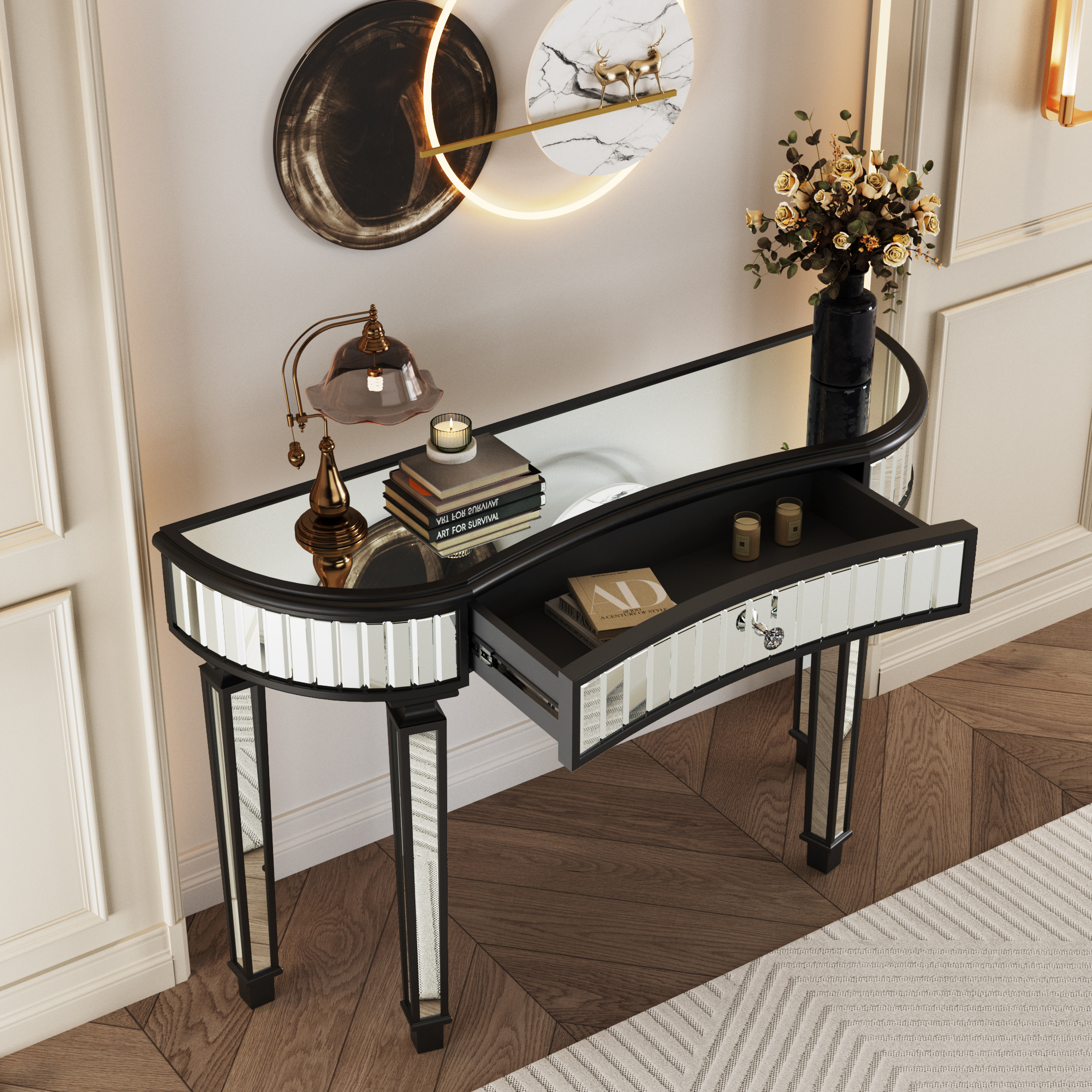 47" Half-Moon Mirrored Console Table with Fluted Glass & Crystal Knob Drawer - Silver Entryway Vanity Desk for Bedroom/Dressing Room