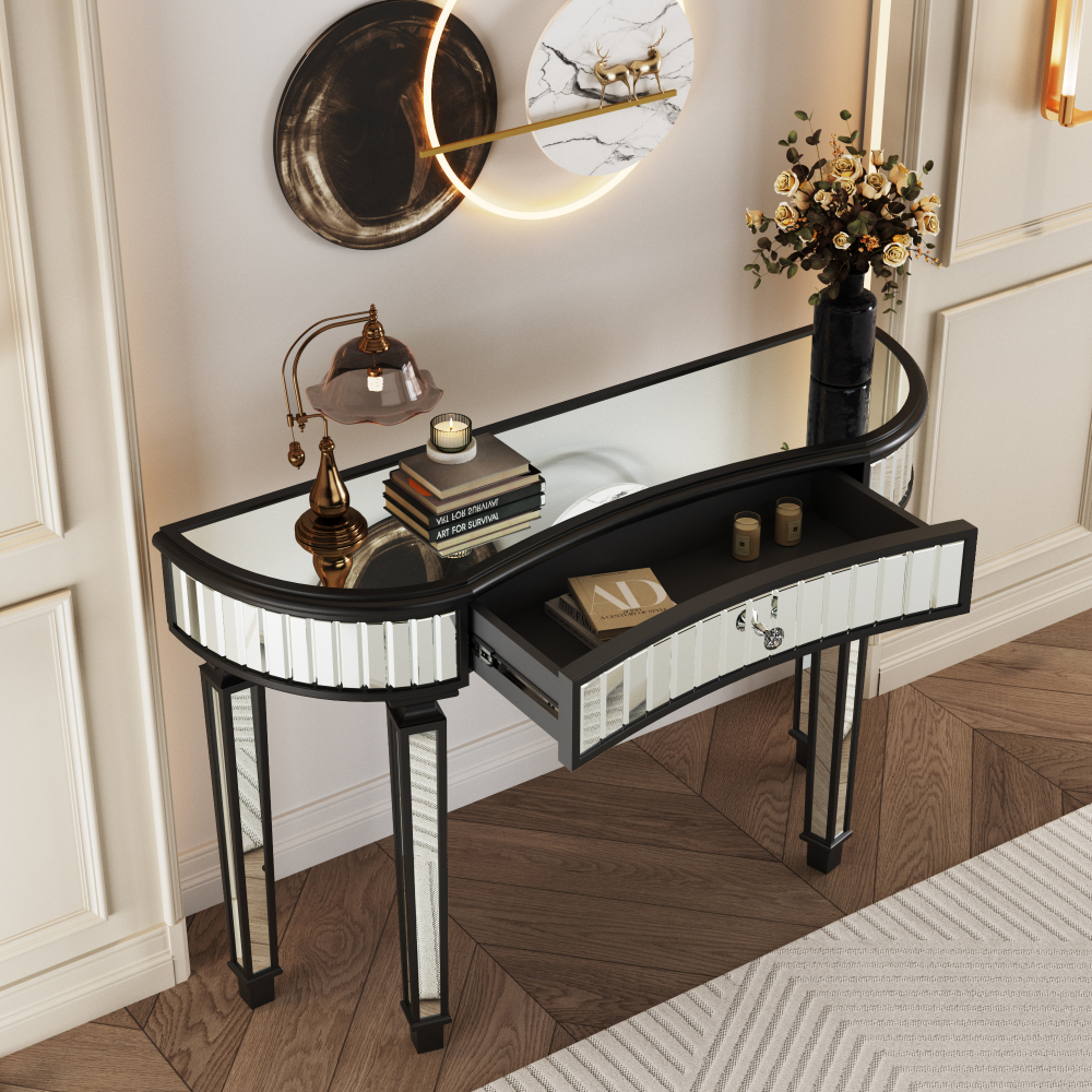 47" Half-Moon Mirrored Console Table with Fluted Glass & Crystal Knob Drawer - Silver Entryway Vanity Desk for Bedroom/Dressing Room