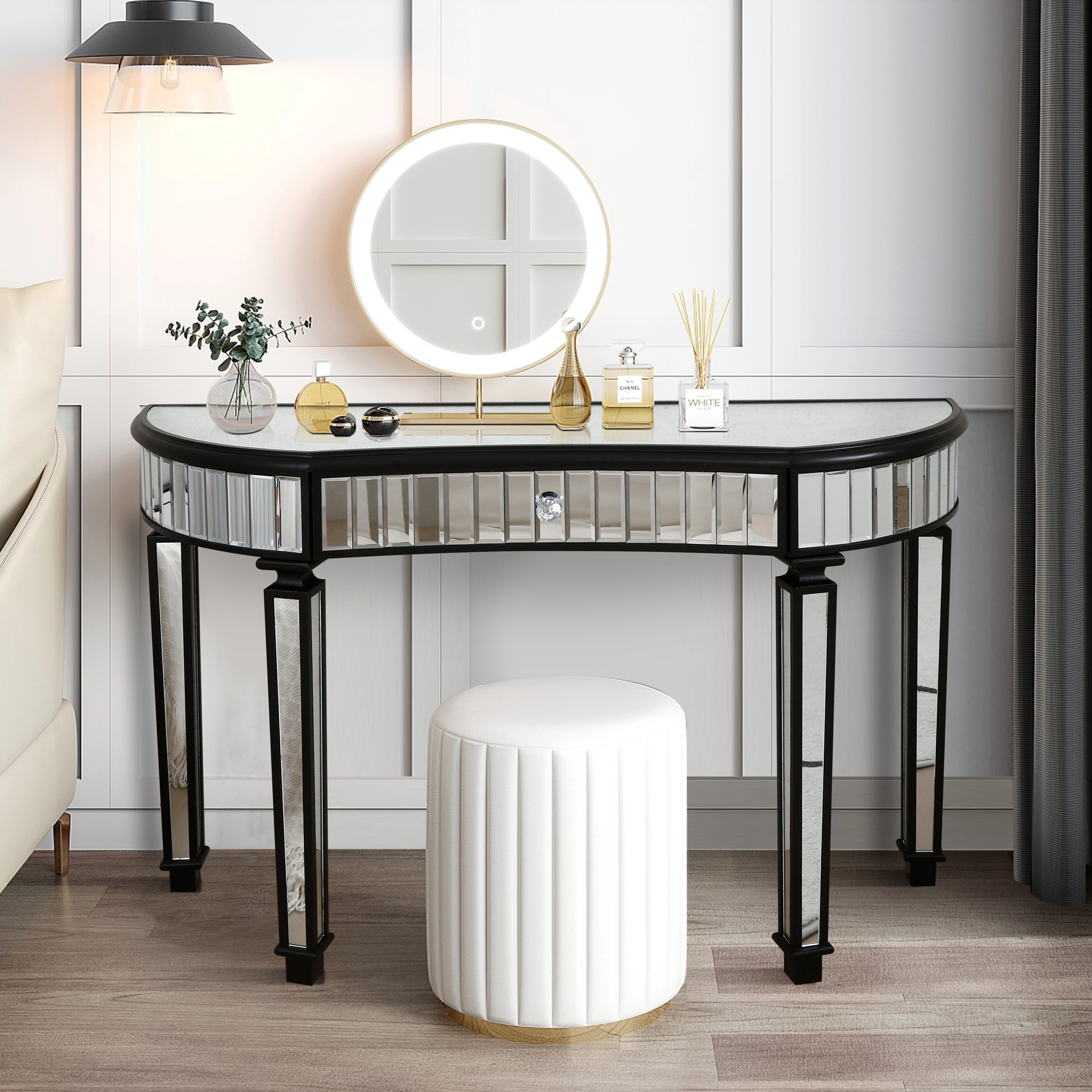 47" Half-Moon Mirrored Console Table with Fluted Glass & Crystal Knob Drawer - Silver Entryway Vanity Desk for Bedroom/Dressing Room